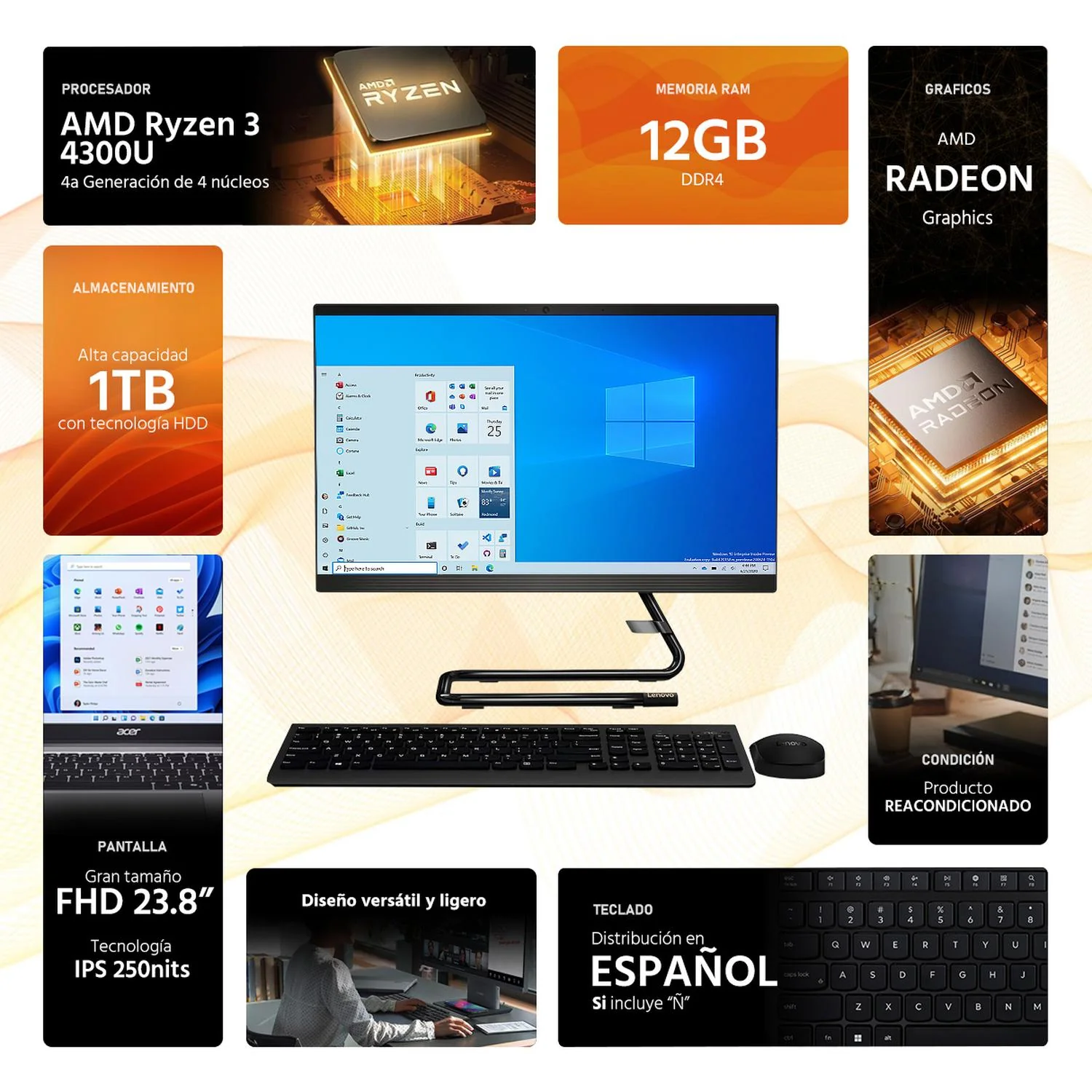 Computadora All In One LENOVO IdeaCentre 3 AMD Ryzen 3 4300 12GB RAM 1TB 23.8" Windows 10 Home Reacondicionado - Image 2