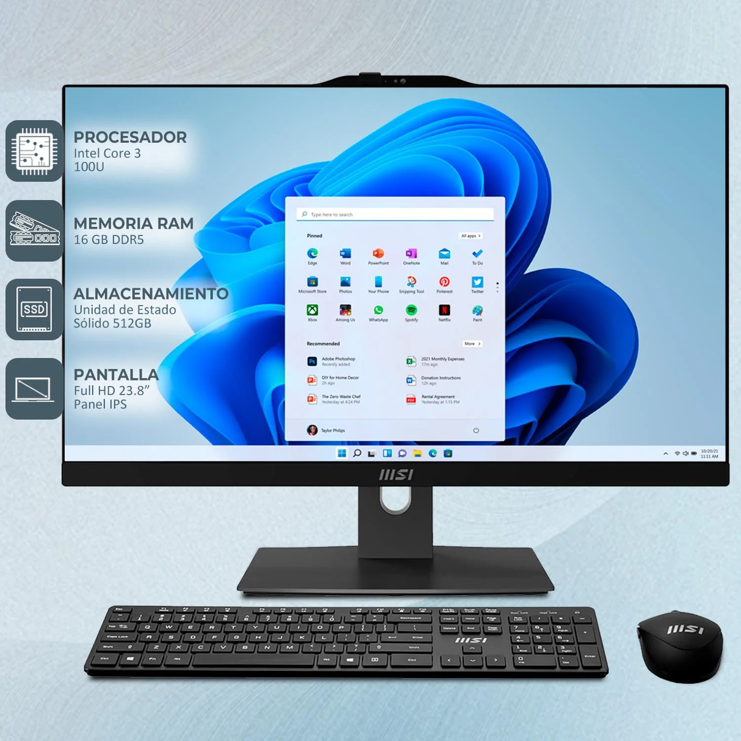 Computadora All In One MSI MODERN AM242TP Intel Core 3 100U 16GB 512GB SSD 23.8" IPS FHD Touch W11H USB-C Teclado Mouse Altavoz + Cable USB-C - Image 2