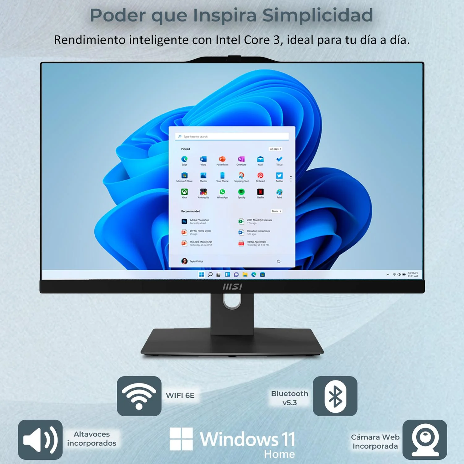 Computadora All In One MSI MODERN AM242TP Intel Core 3 100U 16GB 512GB SSD 23.8" IPS FHD Touch W11H USB-C Teclado Mouse Altavoz + Cable USB-C - Image 3