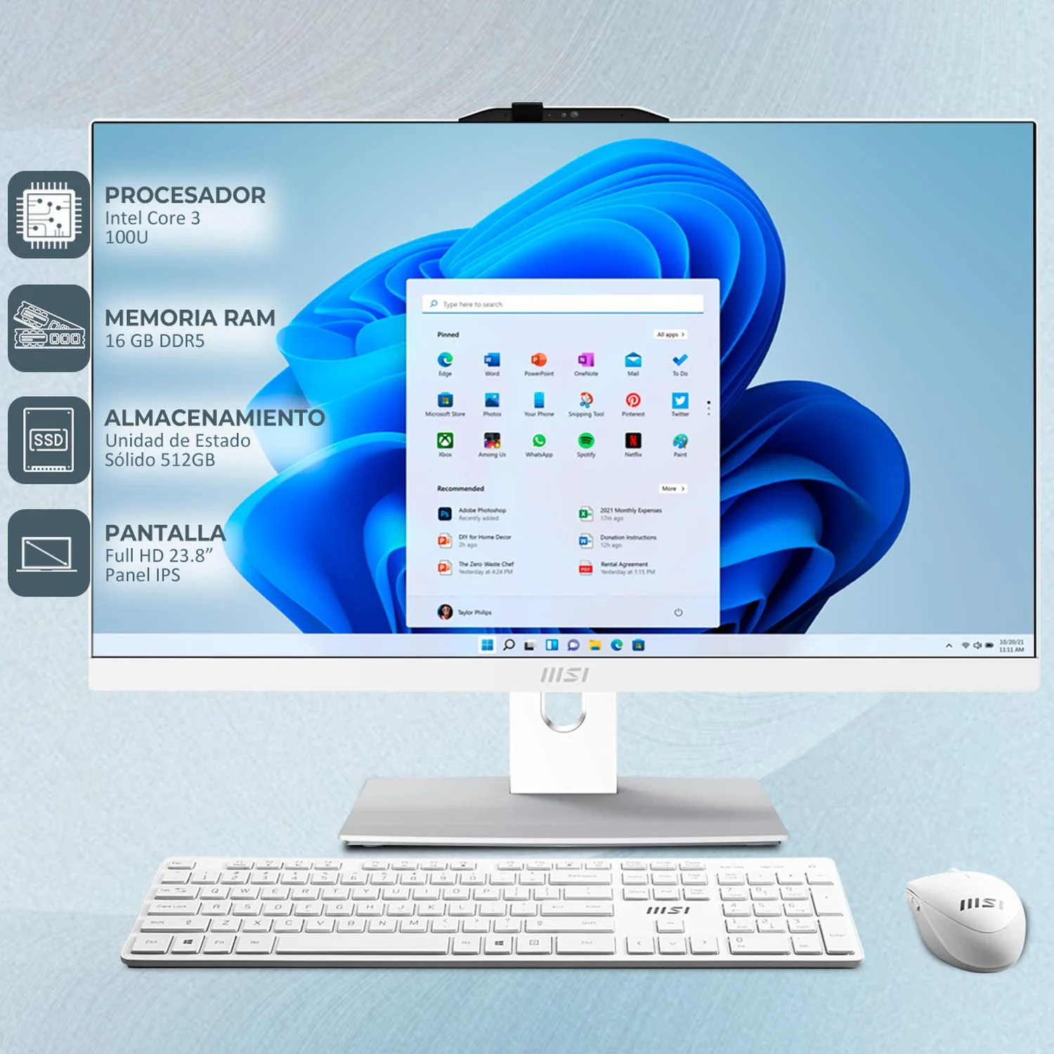 Computadora All In One MSI MODERN AM242TP Intel Core 3 100U 16GB 512GB SSD 23.8" IPS FHD Touch W11H USB-C Teclado Mouse Altavoz + Cable USB-C Blanco - Image 2