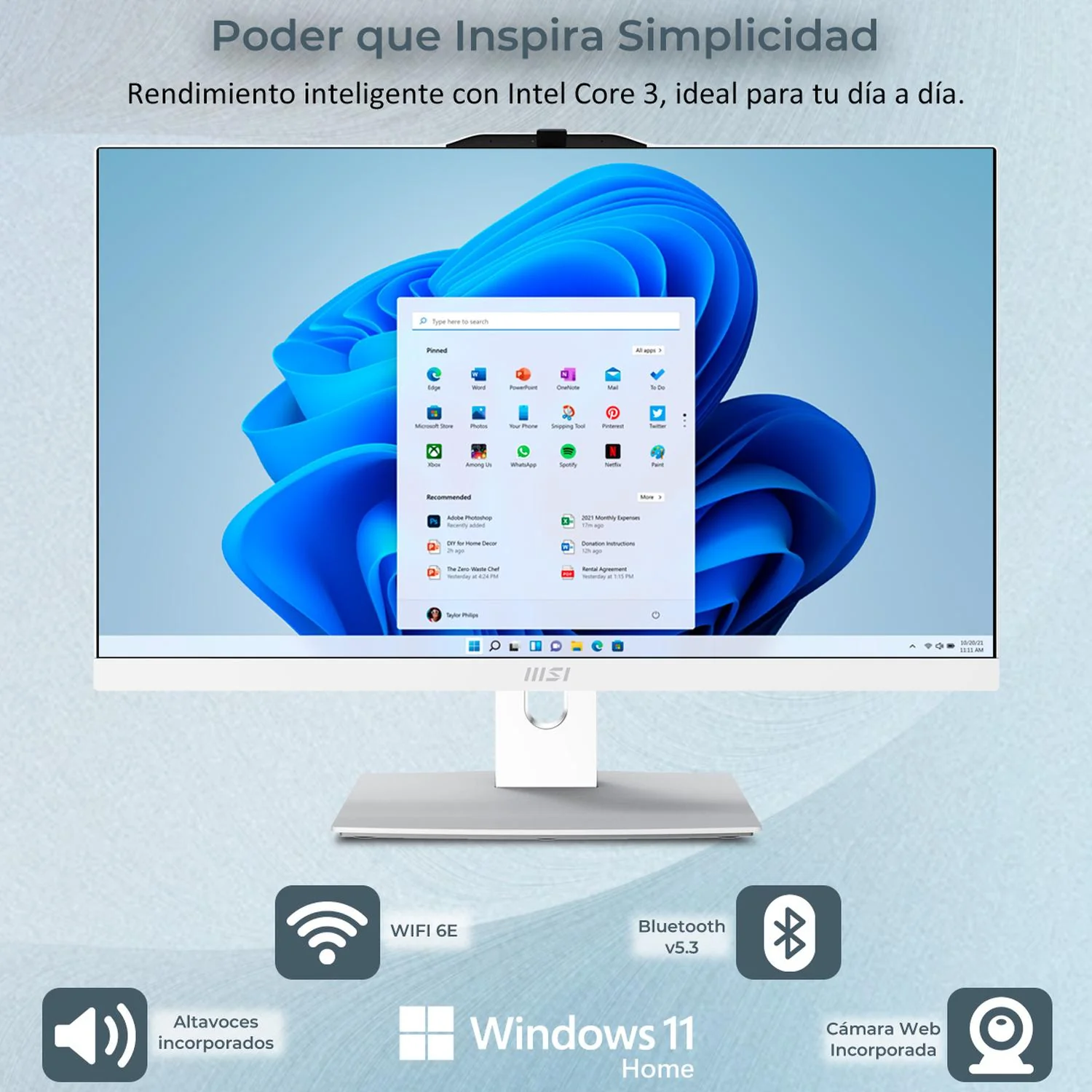 Computadora All In One MSI MODERN AM242TP Intel Core 3 100U 16GB 512GB SSD 23.8" IPS FHD Touch W11H USB-C Teclado Mouse Altavoz + Cable USB-C Blanco - Image 3