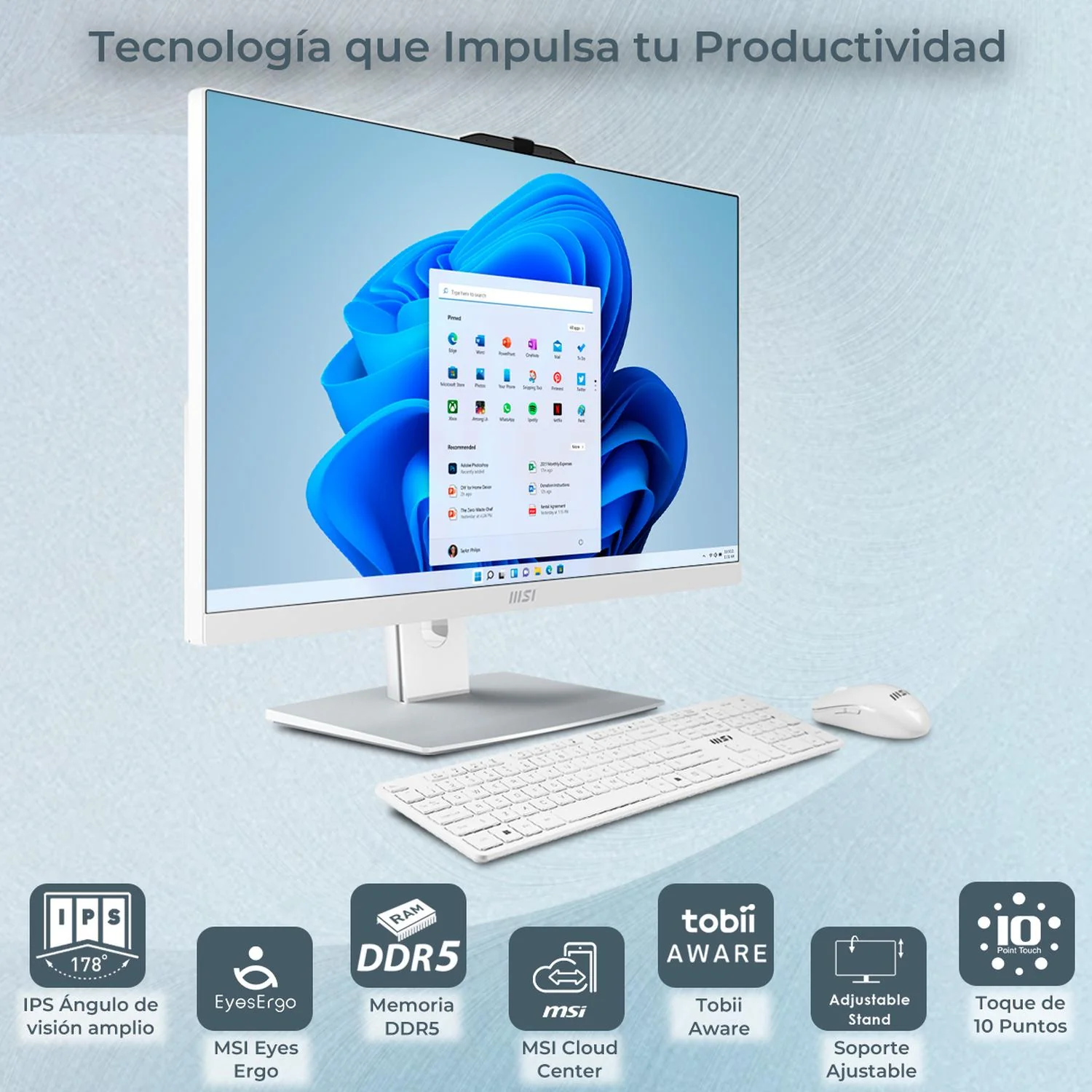 Computadora All In One MSI MODERN AM242TP Intel Core 3 100U 16GB 512GB SSD 23.8" IPS FHD Touch W11H USB-C Teclado Mouse Altavoz + Cable USB-C Blanco - Image 4