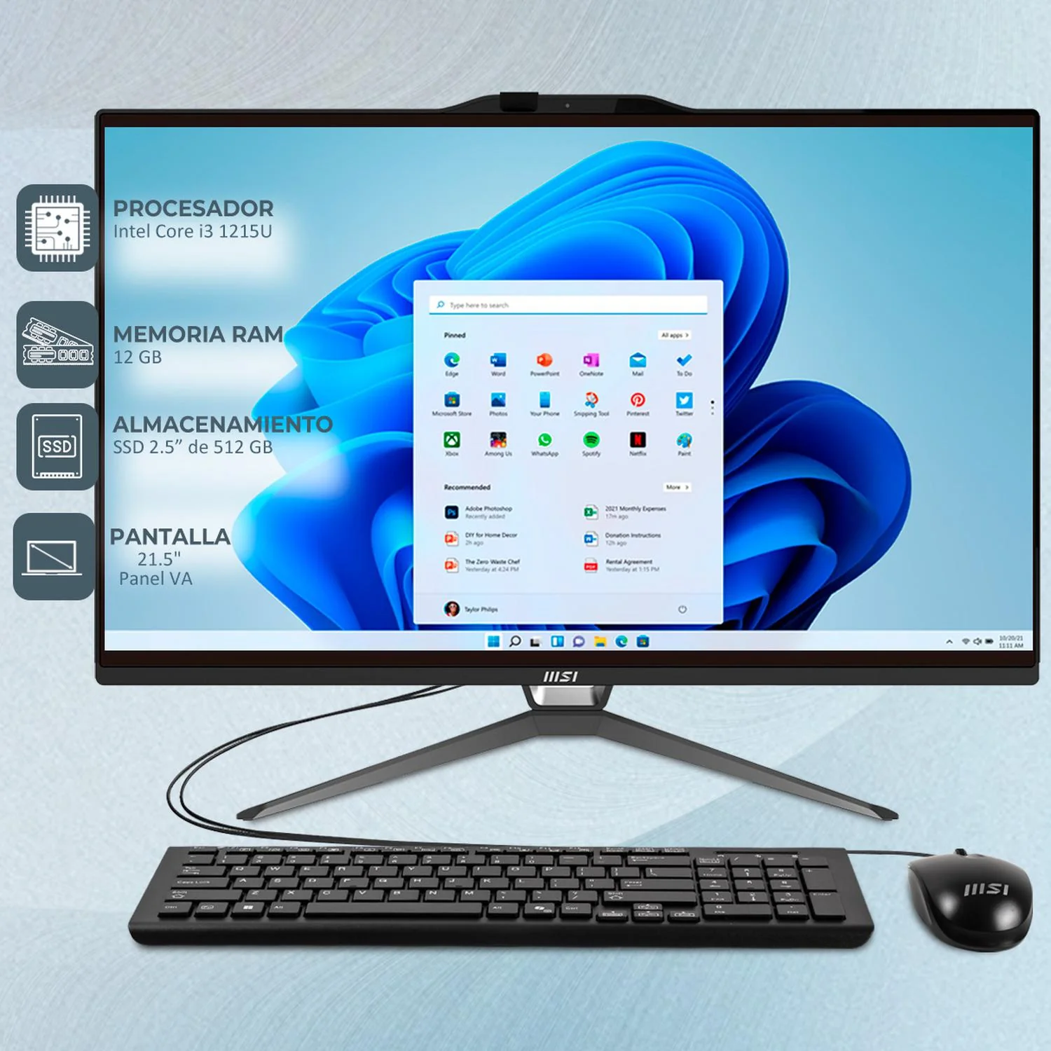 Computadora All In One MSI PRO AP222T Intel G7400 12GB 512GB SSD 21.5" IPS FHD Touch W11H USB-C Teclado Mouse Altavoz + Cable USB-C - Image 2