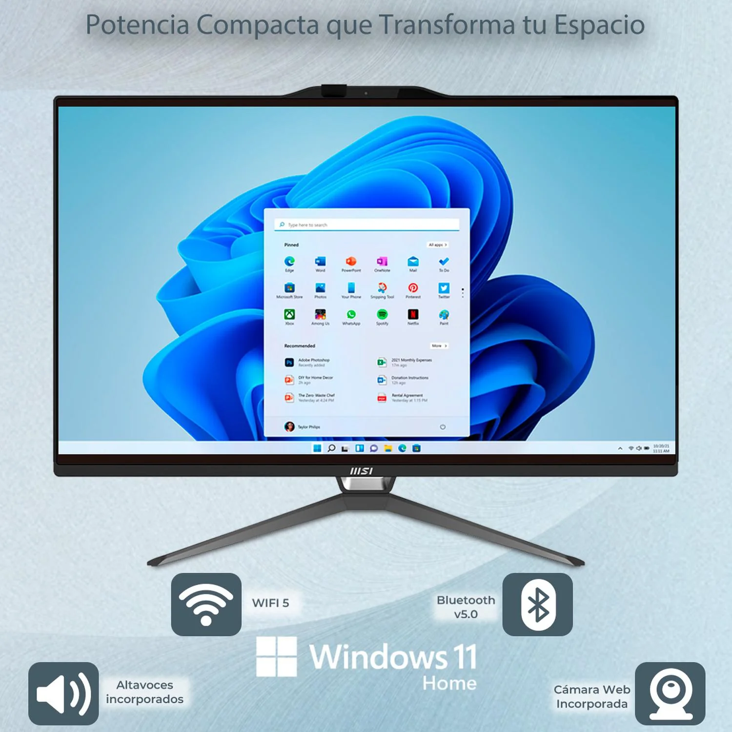 Computadora All In One MSI PRO AP222T Intel G7400 12GB 512GB SSD 21.5" IPS FHD Touch W11H USB-C Teclado Mouse Altavoz + Cable USB-C - Image 3