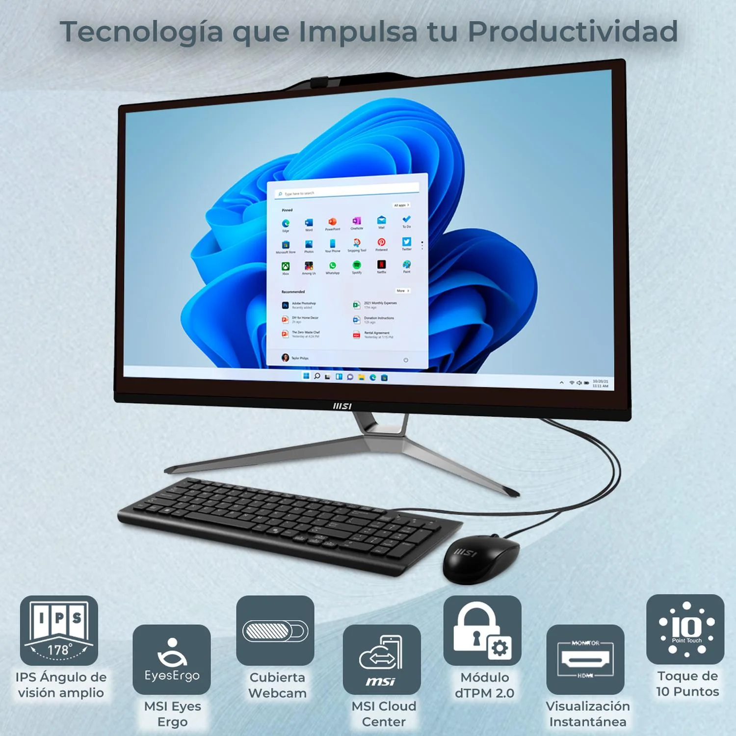 Computadora All In One MSI PRO AP222T Intel G7400 12GB 512GB SSD 21.5" IPS FHD Touch W11H USB-C Teclado Mouse Altavoz + Cable USB-C - Image 4