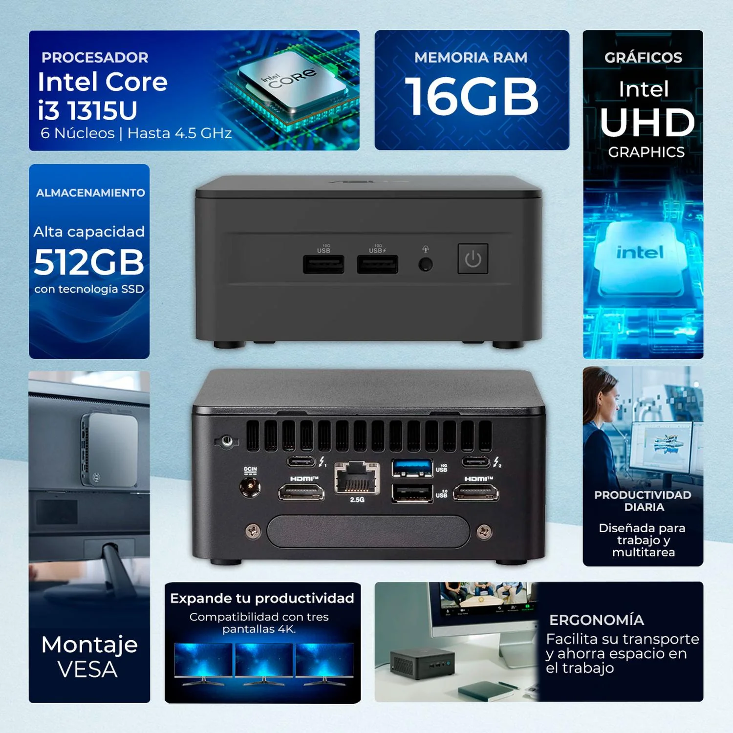 Computadora de Escritorio Mini PC ASUS NUC 13 PRO Intel Core i3 1315U 16GB DDR4 SSD 512GB W11H-T WiFi 6E BT 5.3 CNUC13P-Ci316512 Estudio y multitarea - Image 2