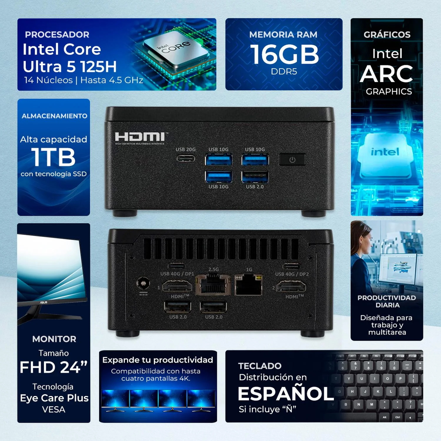 Computadora Escritorio Mini PC ECS LIVA Z7 Ai Core Ultra 5 125h Npu 33 Tops 16gb 1tb Monitor 24 1ms 120hz Teclado Mouse Inalambrico W11h-t Wifi 6e Bt Gaming Casual, Trabajo Y Estudio - Image 2