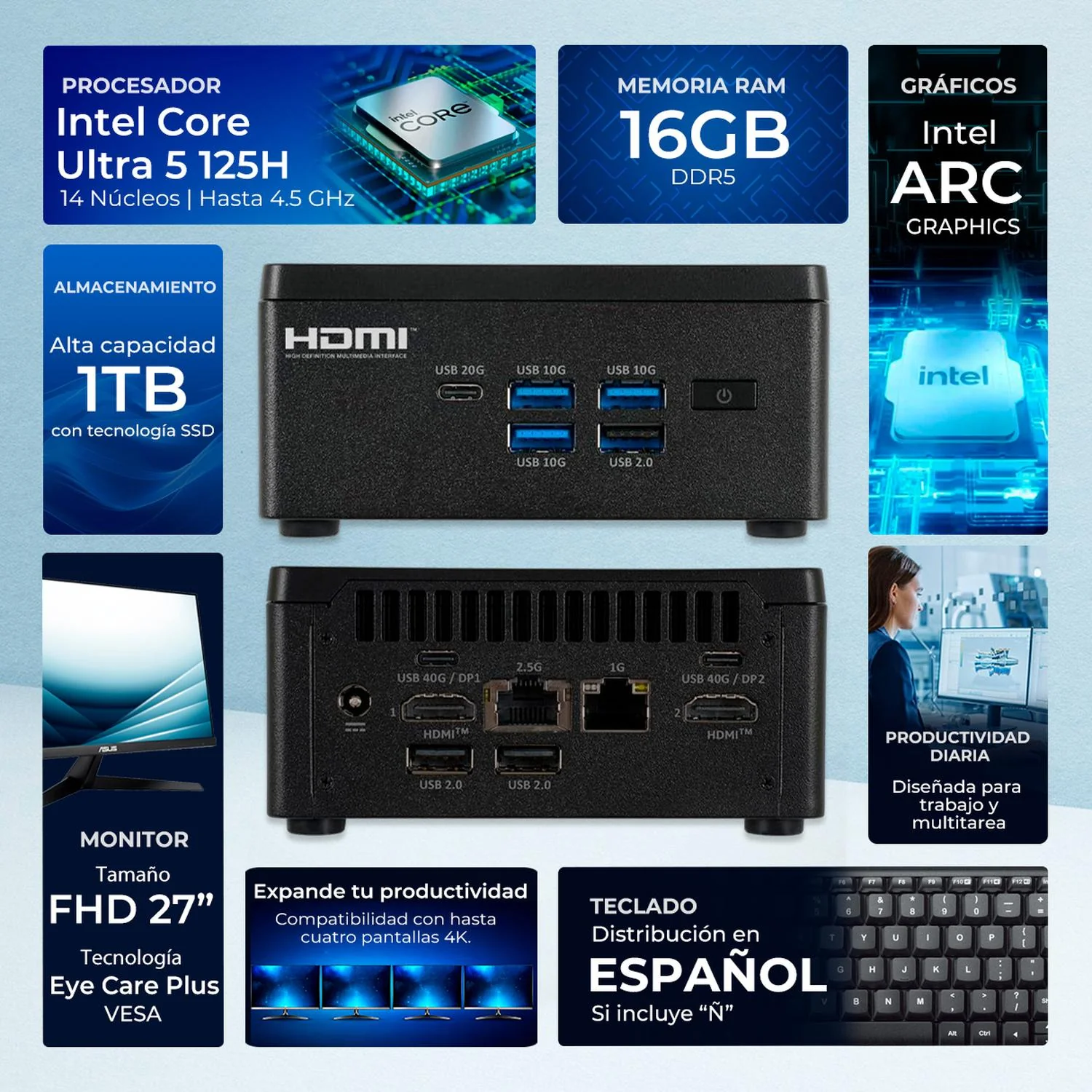 Computadora Escritorio Mini PC LIVA Z7 PLUS AI Intel Core Ultra 5 125H NPU 33 TOPS 16GB DDR5 SSD 1TB Monitor 27 1ms 120Hz Teclado Mouse Inalambrico W11H-T WiFi 6E BT Gaming casual, trabajo y estudio - Image 2