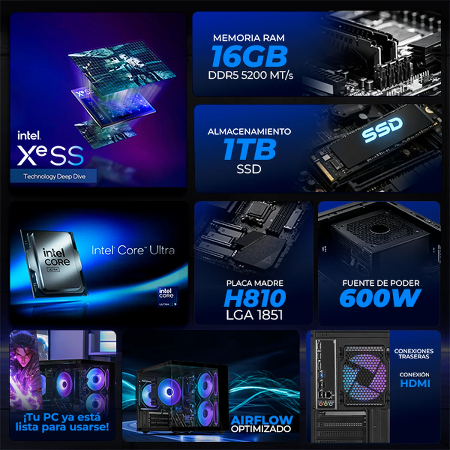 Computadora Escritorio Completa AI Ready Xtreme PC Gaming Intel Core Ultra 9 285 16GB DDR5 SSD 1TB Monitor Curvo 27 100Hz WIFI Black Multitarea Avanzada con IA - Image 3