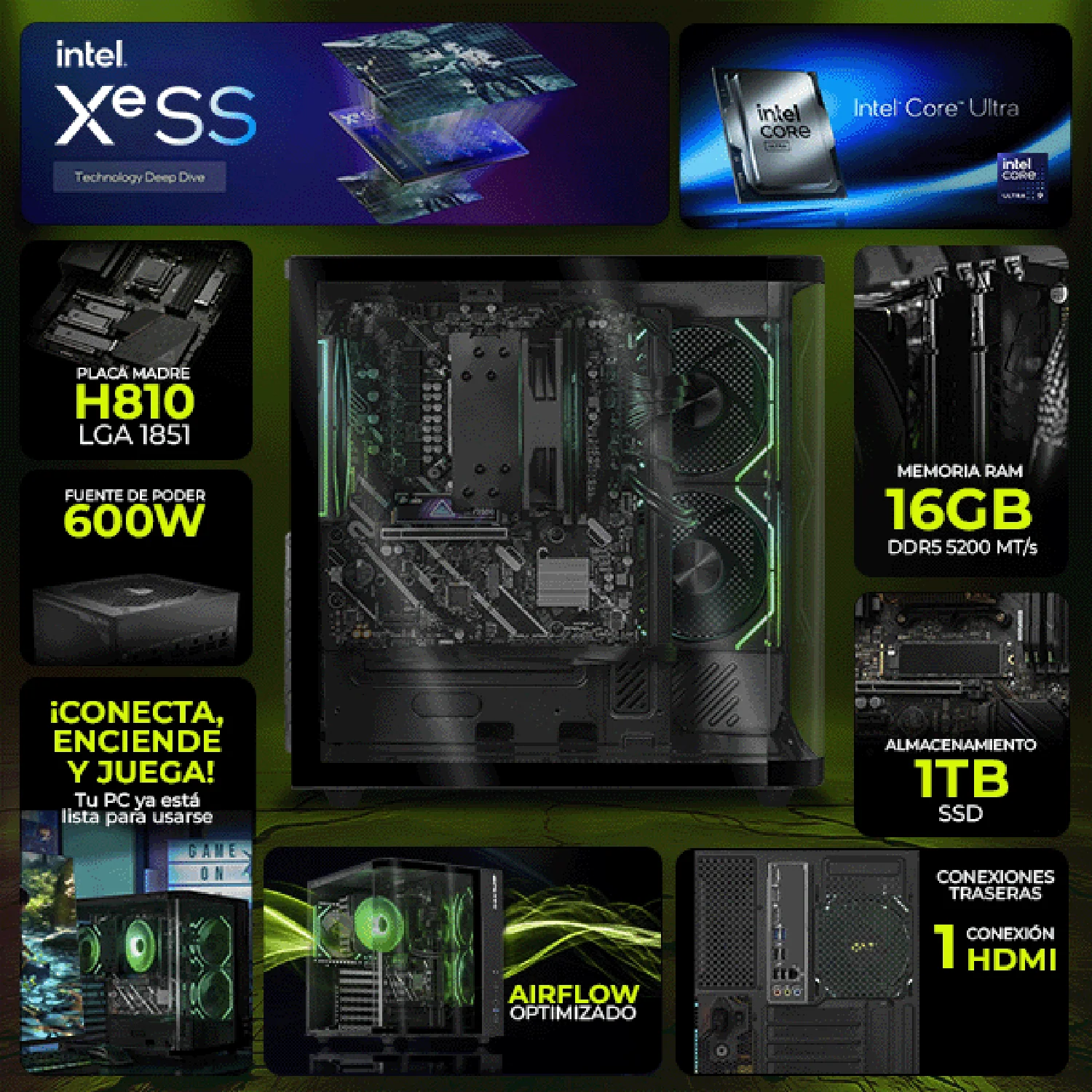 Computadora Escritorio Completa IA DXT GAMING Intel Core Ultra 9 285 16GB DDR5 SSD 1TB Monitor Curvo 27 180Hz WIFI Black Multitarea Avanzada con IA - Image 3