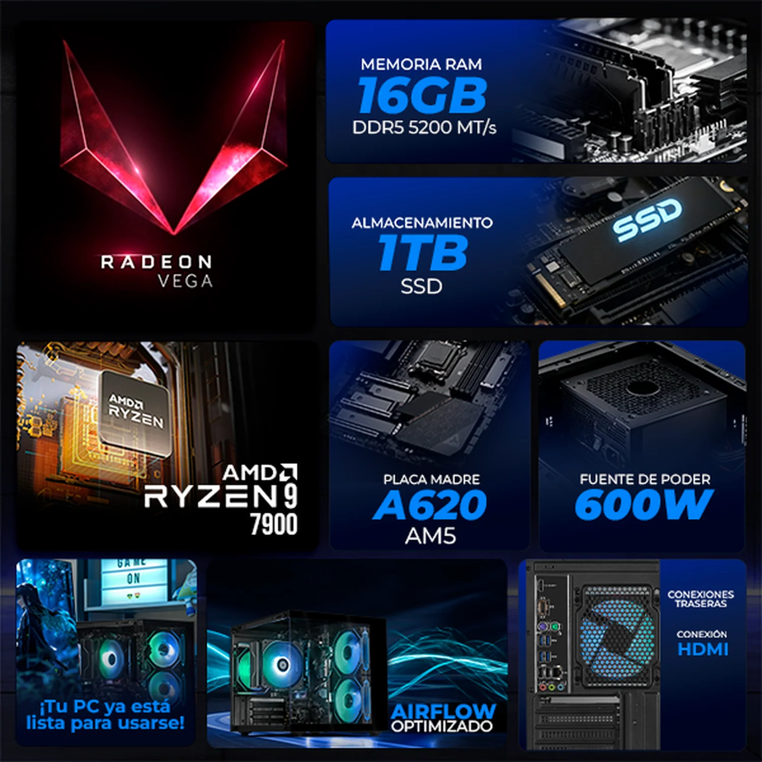 Computadora Escritorio Completa Xtreme PC Gaming AMD Radeon 780M Ryzen 9 7900 16GB DDR5 SSD 1TB Monitor Curvo 27 100Hz WIFI Black rendimiento básico para juegos casuales, trabajo y estudio - Image 3