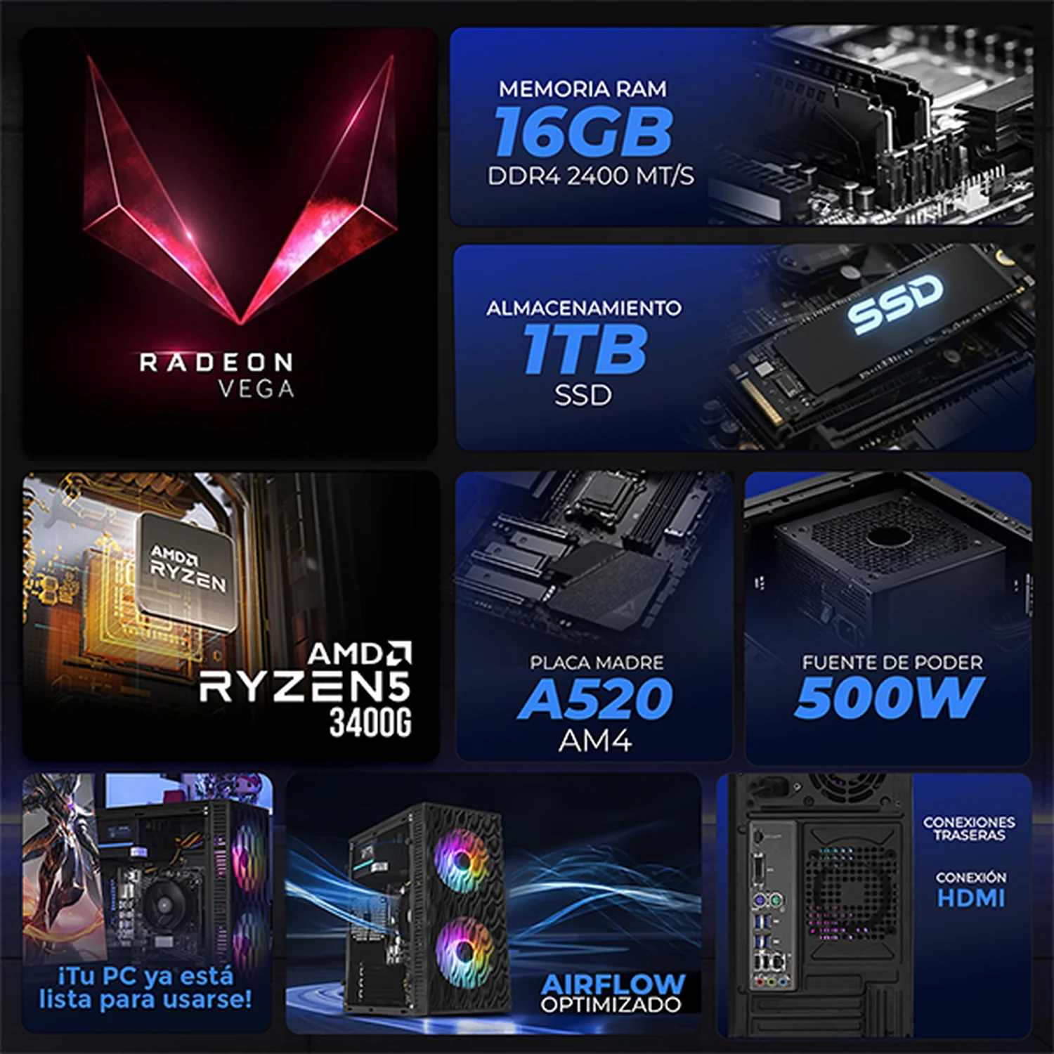 Computadora Escritorio Completa Xtreme PC Gaming AMD Radeon Vega 11 Ryzen 5 3400G 16GB SSD 1TB Monitor 23.8 75Hz WIFI Black rendimiento básico para juegos casuales, trabajo y estudio - Image 3