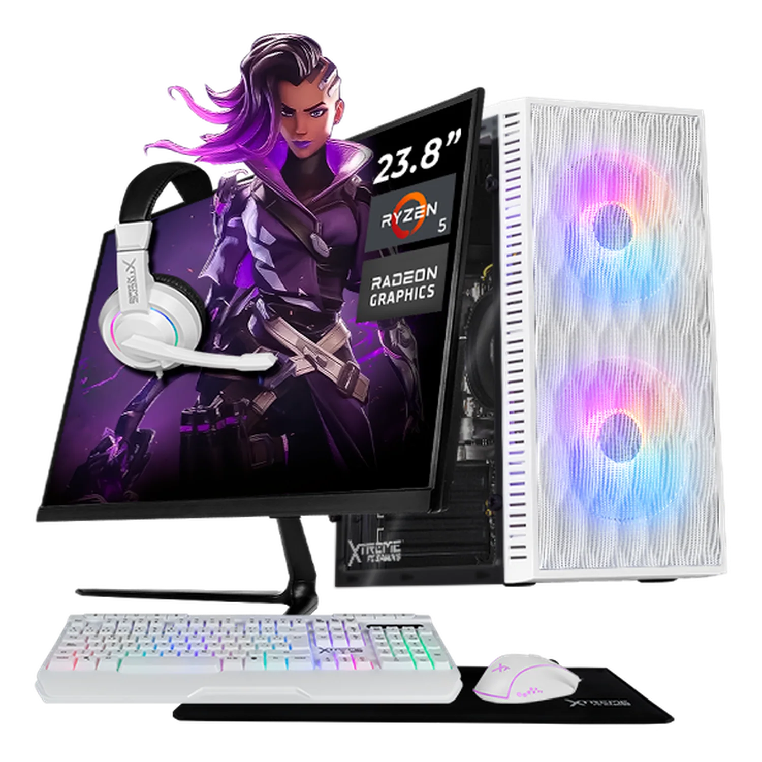 Computadora Escritorio Completa Xtreme PC Gaming AMD Radeon Vega 11 Ryzen 5 3400G 16GB SSD 1TB Monitor 23.8 75Hz WIFI White gaming ligero en calidad baja, oficina, estudio y hogar