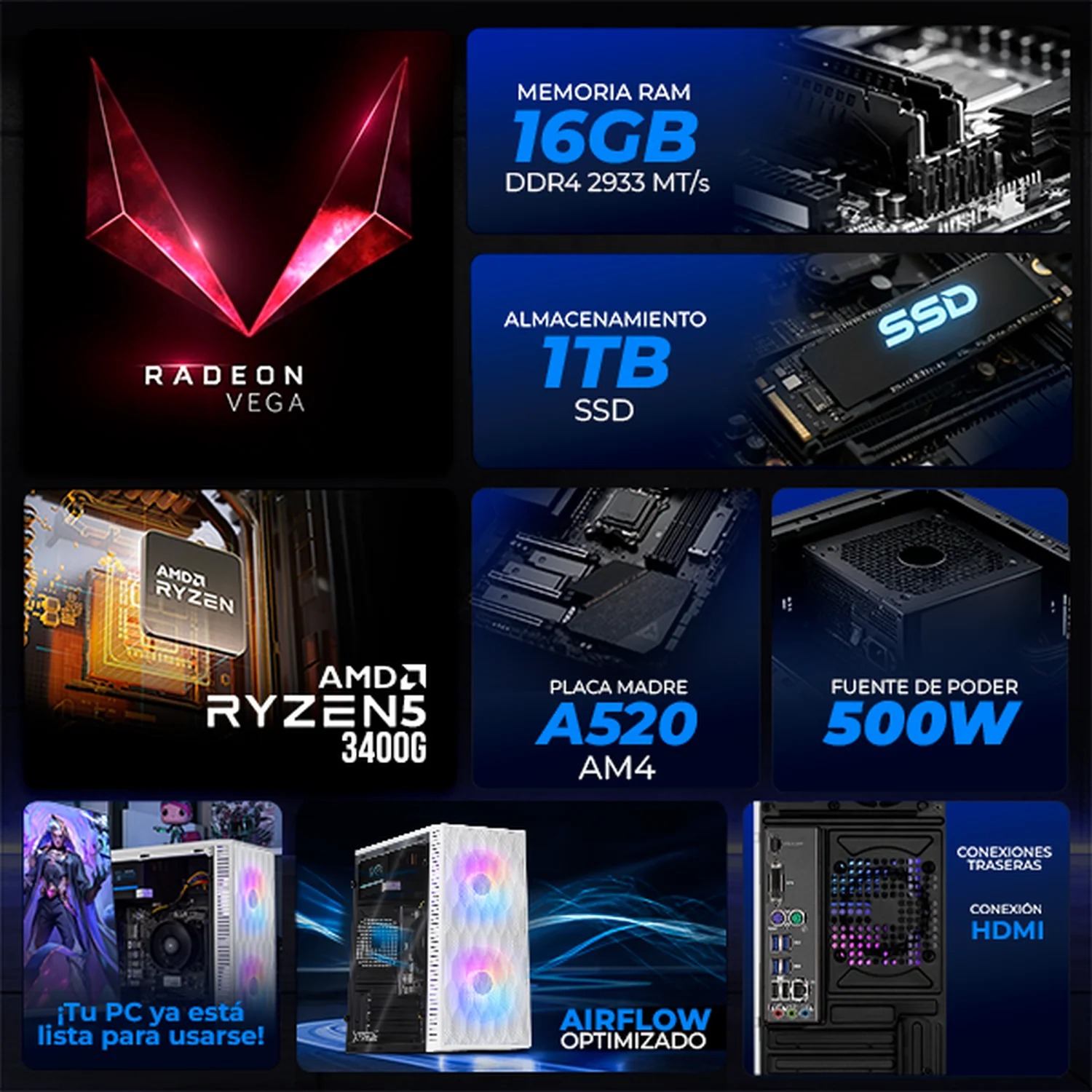 Computadora Escritorio Completa Xtreme PC Gaming AMD Radeon Vega 11 Ryzen 5 3400G 16GB SSD 1TB Monitor 23.8 75Hz WIFI White gaming ligero en calidad baja, oficina, estudio y hogar - Image 3