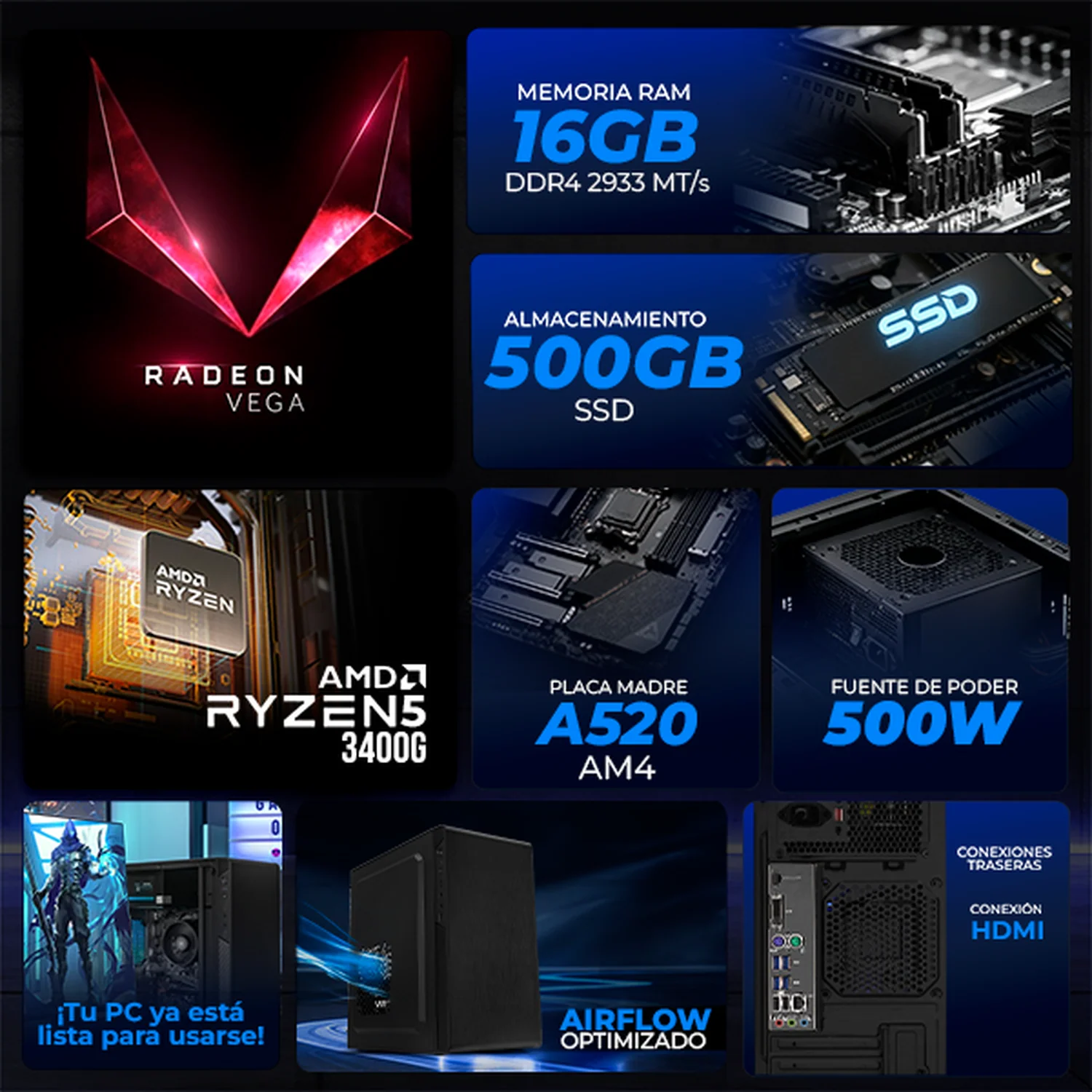 Computadora Escritorio Completa Xtreme PC Gaming AMD Radeon Vega 11 Ryzen 5 3400G 16GB SSD 500GB Monitor 23.8 75Hz WIFI Black gaming ligero en calidad baja, oficina, estudio y hogar - Image 3