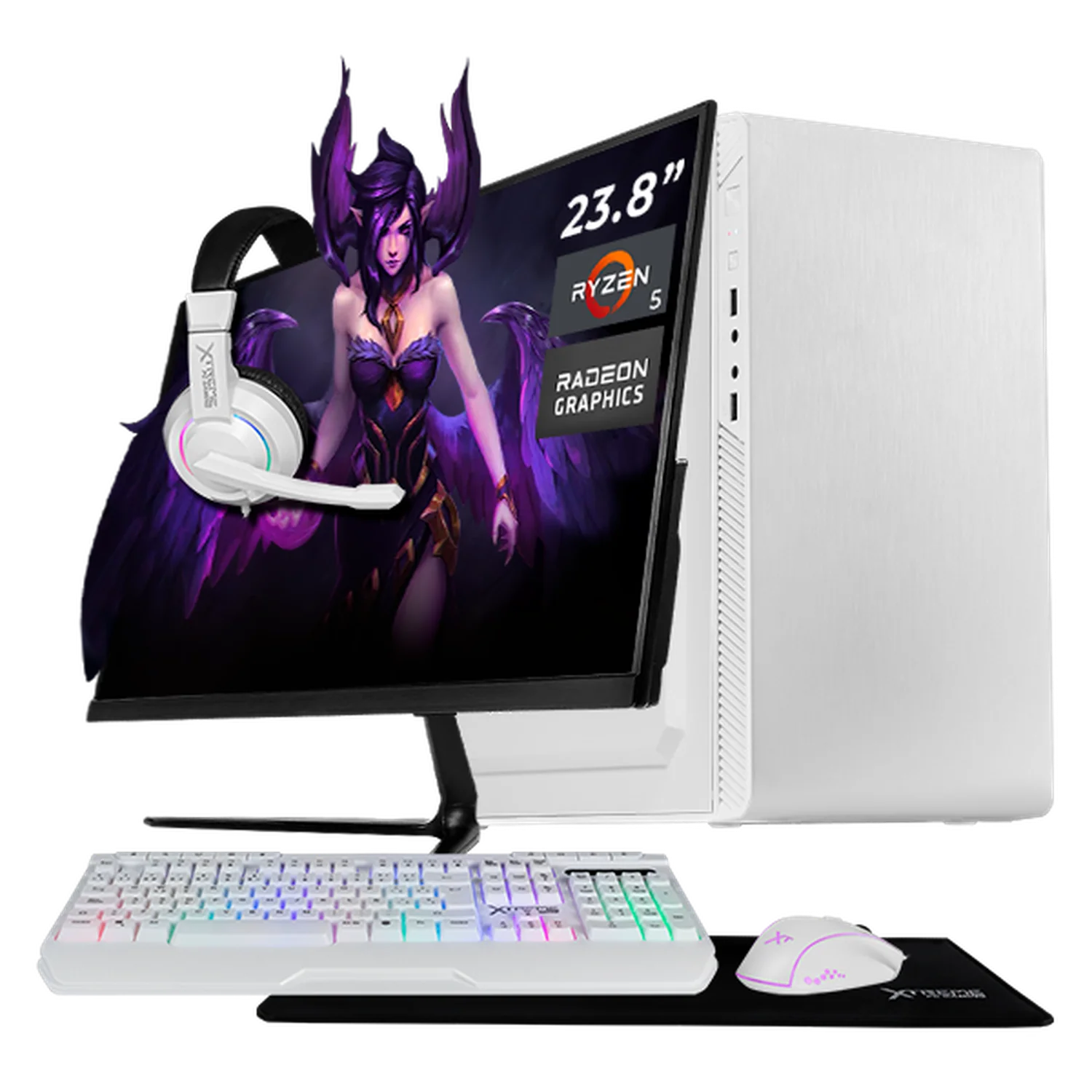 Computadora Escritorio Completa Xtreme PC Gaming AMD Radeon Vega 11 Ryzen 5 3400G 16GB SSD 500GB Monitor 23.8 75Hz WIFI White rendimiento básico para juegos casuales, trabajo y estudio