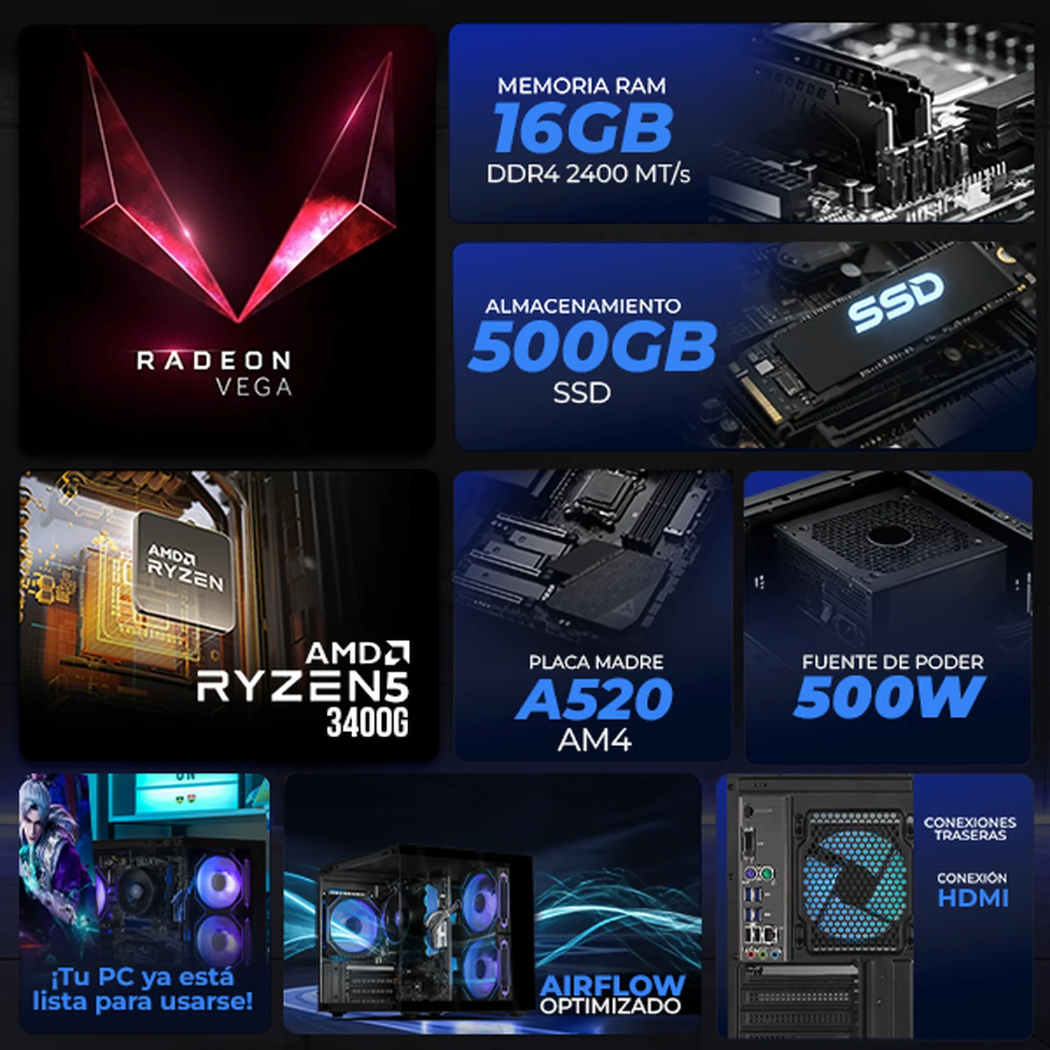 Computadora Escritorio Completa Xtreme PC Gaming AMD Radeon Vega 11 Ryzen 5 3400G 16GB SSD 500GB Monitor 24.5 100Hz WIFI Black rendimiento básico para juegos casuales, trabajo y estudio - Image 3