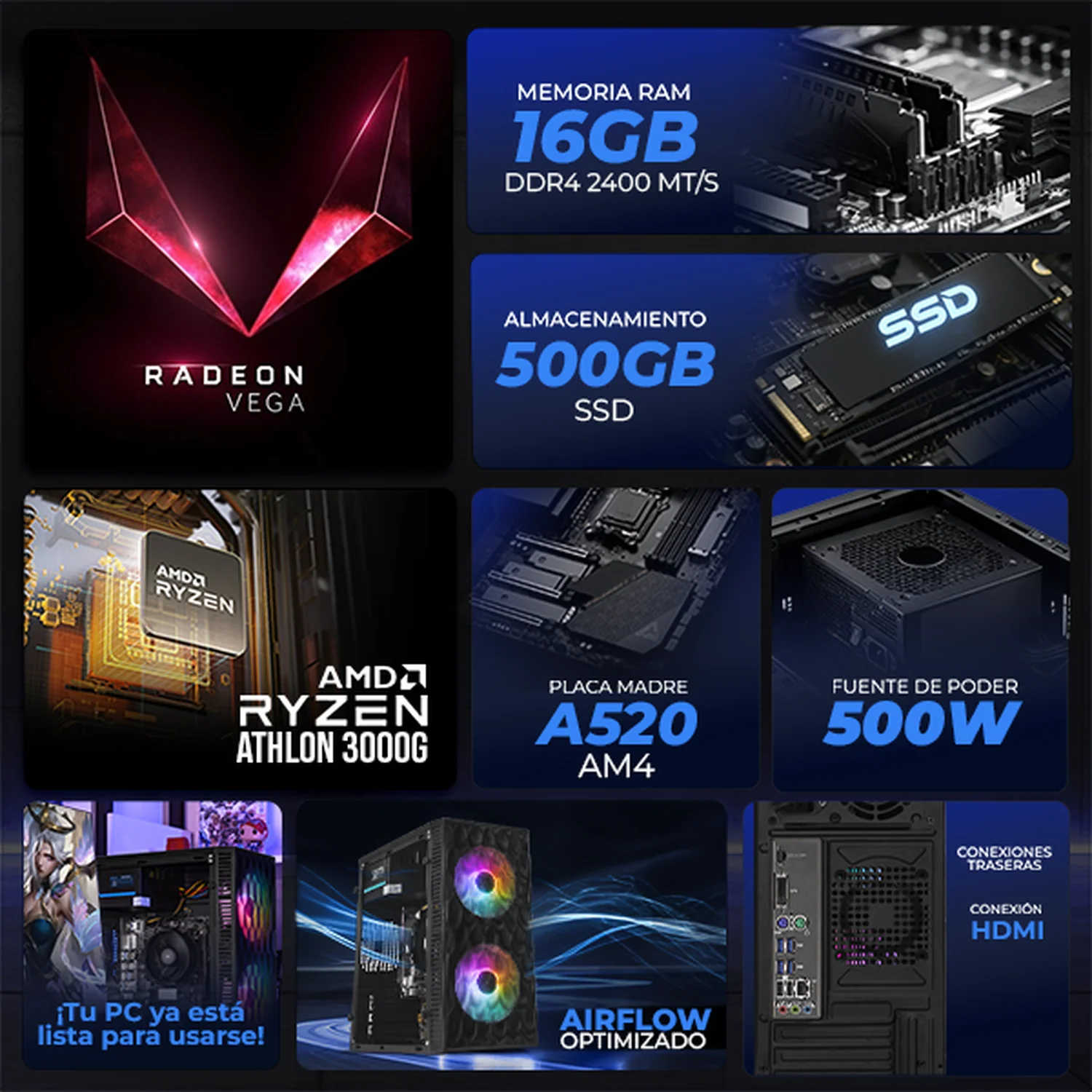 Computadora Escritorio Completa Xtreme PC Gaming AMD Radeon Vega 3 Athlon 3000G 16GB SSD 500GB Monitor 21.5 75Hz WIFI Black rendimiento básico para juegos casuales, trabajo y estudio - Image 3