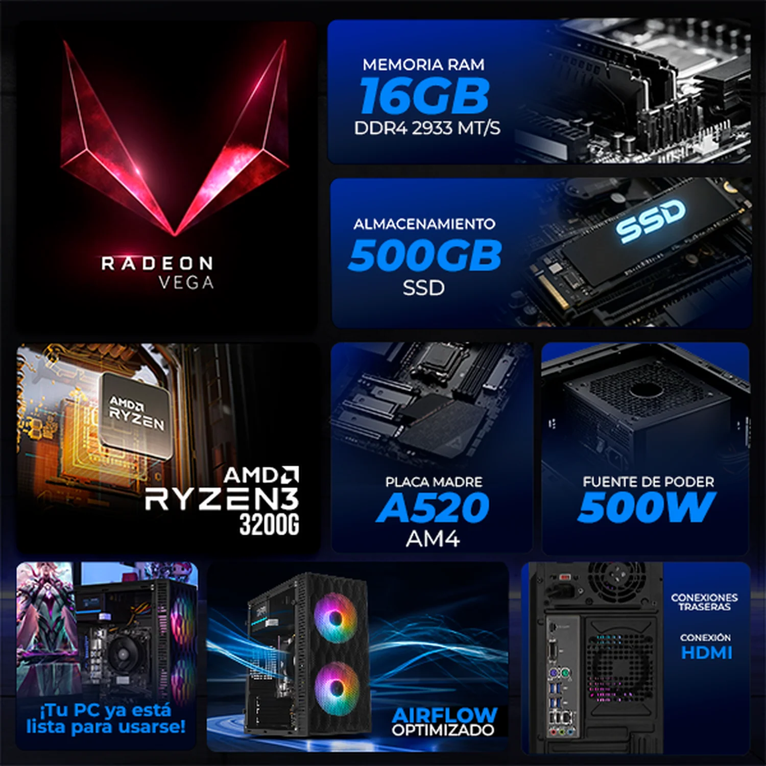 Computadora Escritorio Completa Xtreme PC Gaming AMD Radeon Vega 8 Ryzen 3 3200G 16GB SSD 500GB Monitor 23.8 75Hz WIFI Black gaming ligero en calidad baja, oficina, estudio y hogar - Image 3