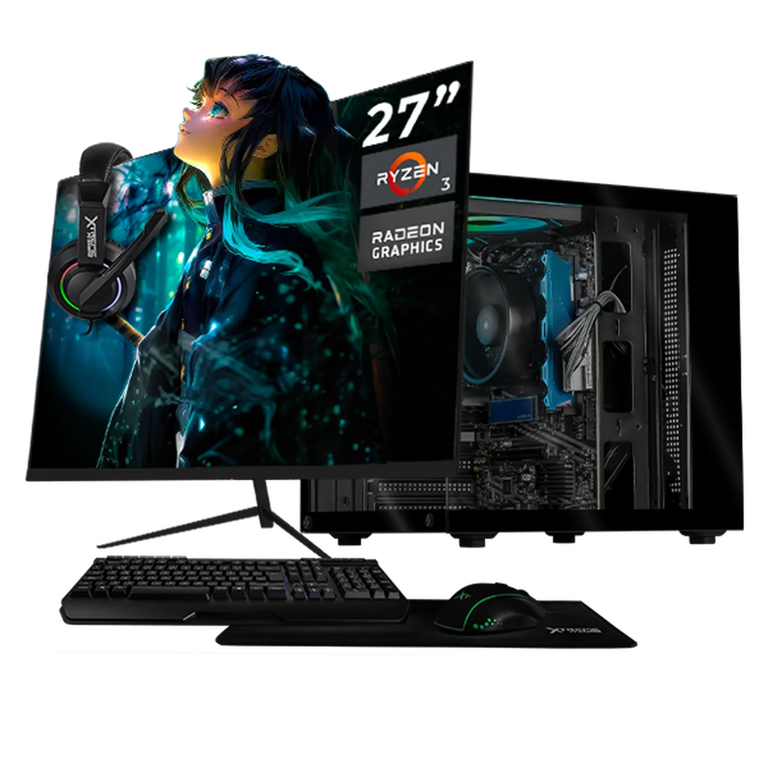 Computadora Escritorio Completa Xtreme PC Gaming AMD Radeon Vega 8 Ryzen 3 3200G 16GB SSD 500GB Monitor 27 100Hz WIFI Black rendimiento básico para juegos casuales, trabajo y estudio