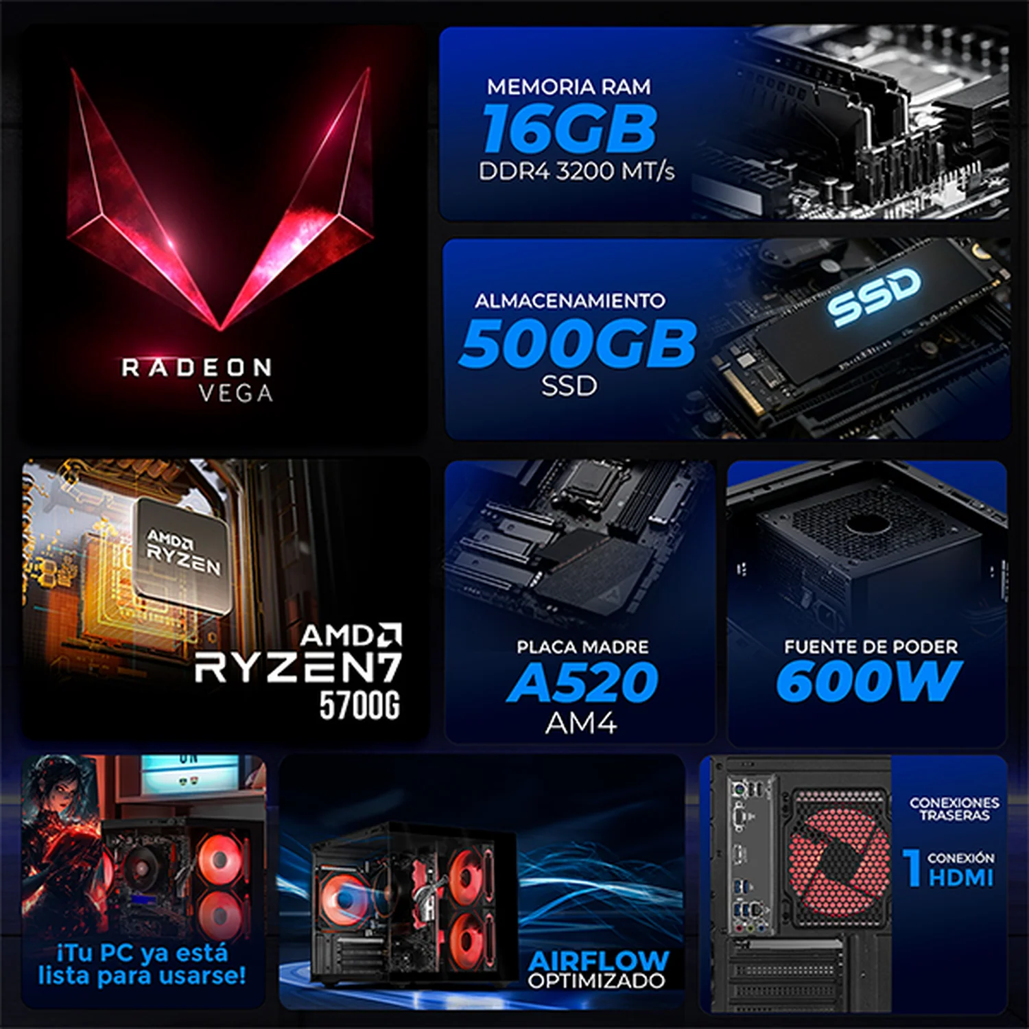 Computadora Escritorio Completa Xtreme PC Gaming AMD Radeon Vega Renoir Ryzen 7 5700G 16GB SSD 500GB Monitor 24.5 100Hz WIFI Black rendimiento básico para juegos casuales, trabajo y estudio - Image 3