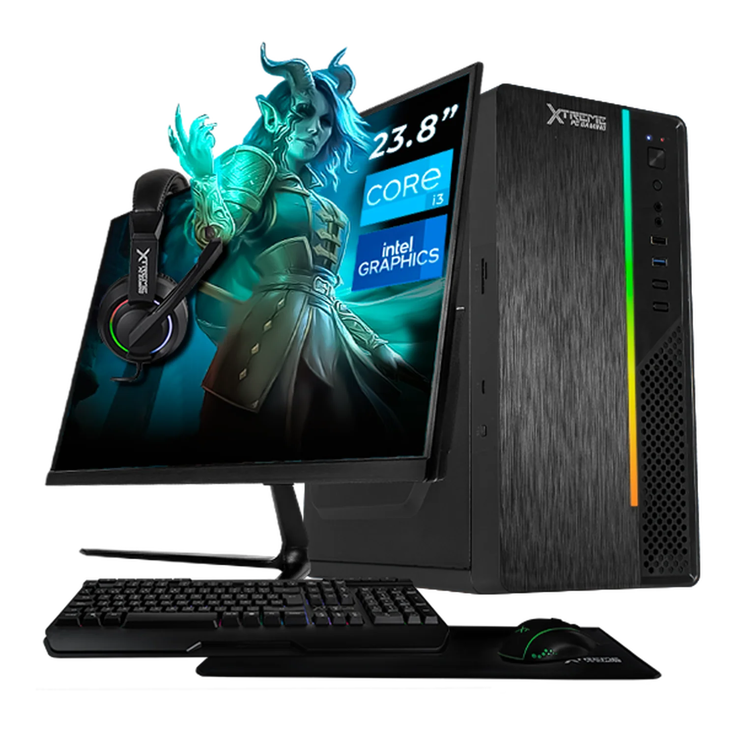 Computadora Escritorio Completa Xtreme PC Gaming Intel Core i3 12100 16GB SSD 1TB Monitor 23.8 75Hz WIFI Black gaming ligero en calidad baja, oficina, estudio y hogar