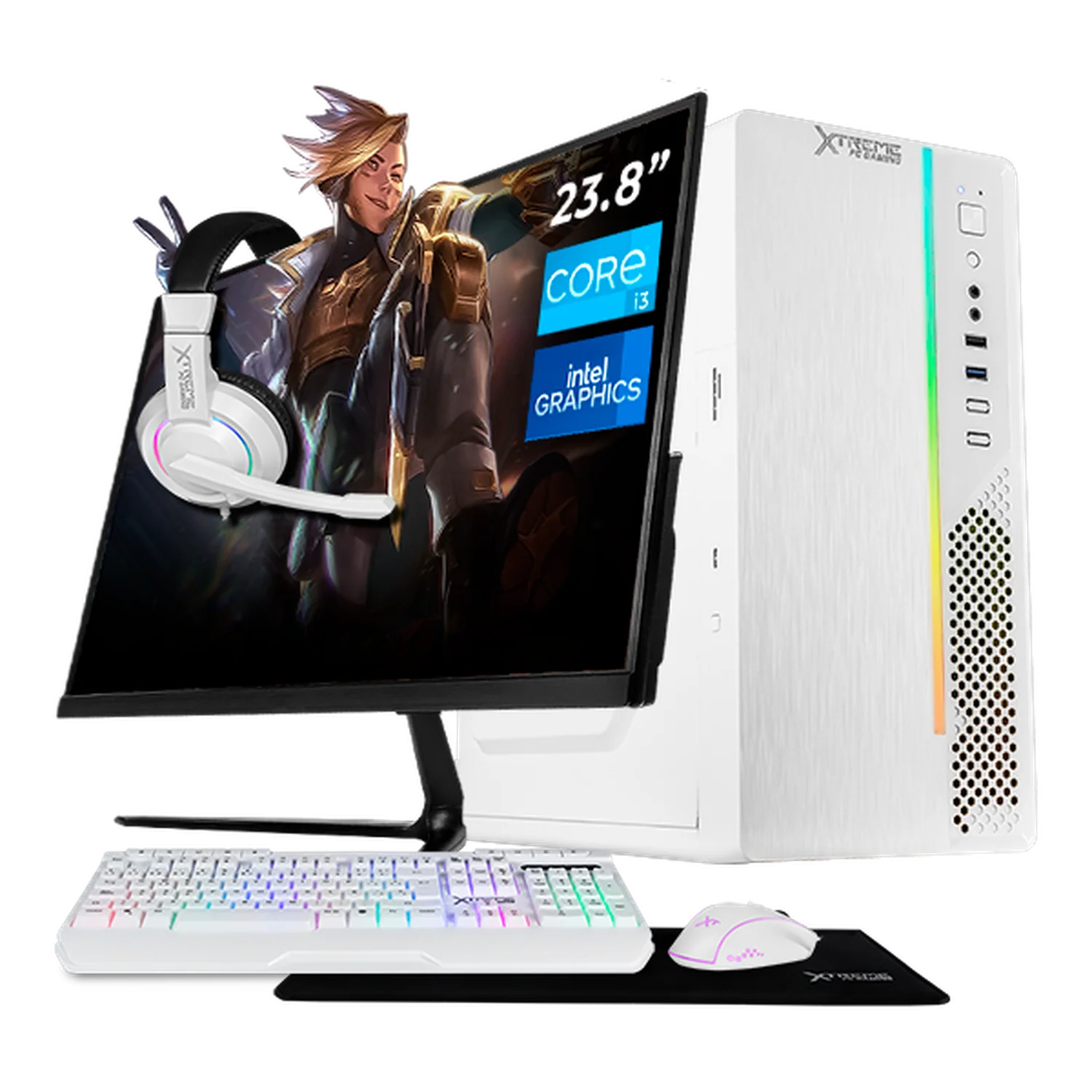 Computadora Escritorio Completa Xtreme PC Gaming Intel Core i3 12100 16GB SSD 1TB Monitor 23.8 75Hz WIFI White gaming ligero en calidad baja, oficina, estudio y hogar