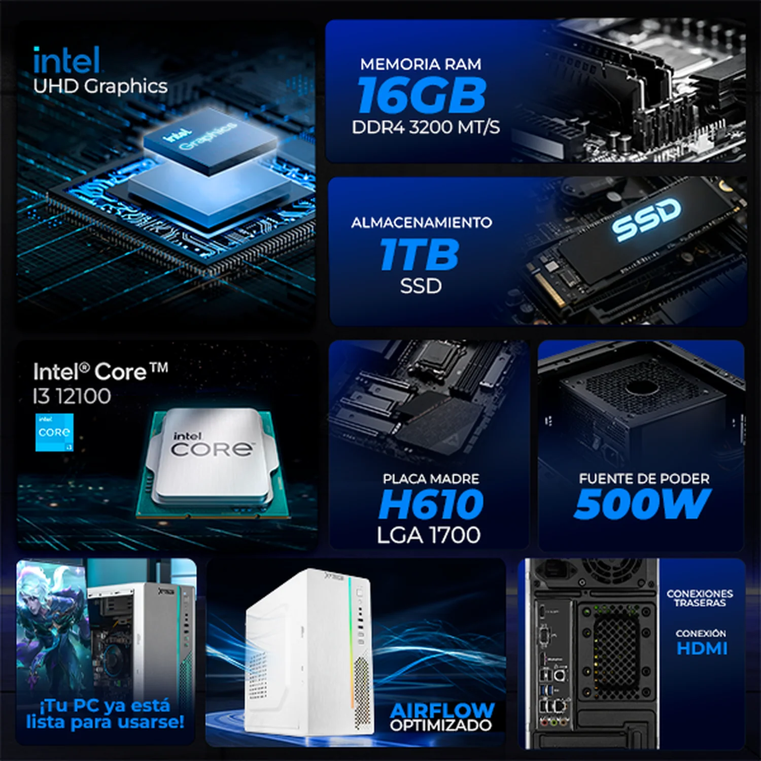 Computadora Escritorio Completa Xtreme PC Gaming Intel Core i3 12100 16GB SSD 1TB Monitor 23.8 75Hz WIFI White gaming ligero en calidad baja, oficina, estudio y hogar - Image 3
