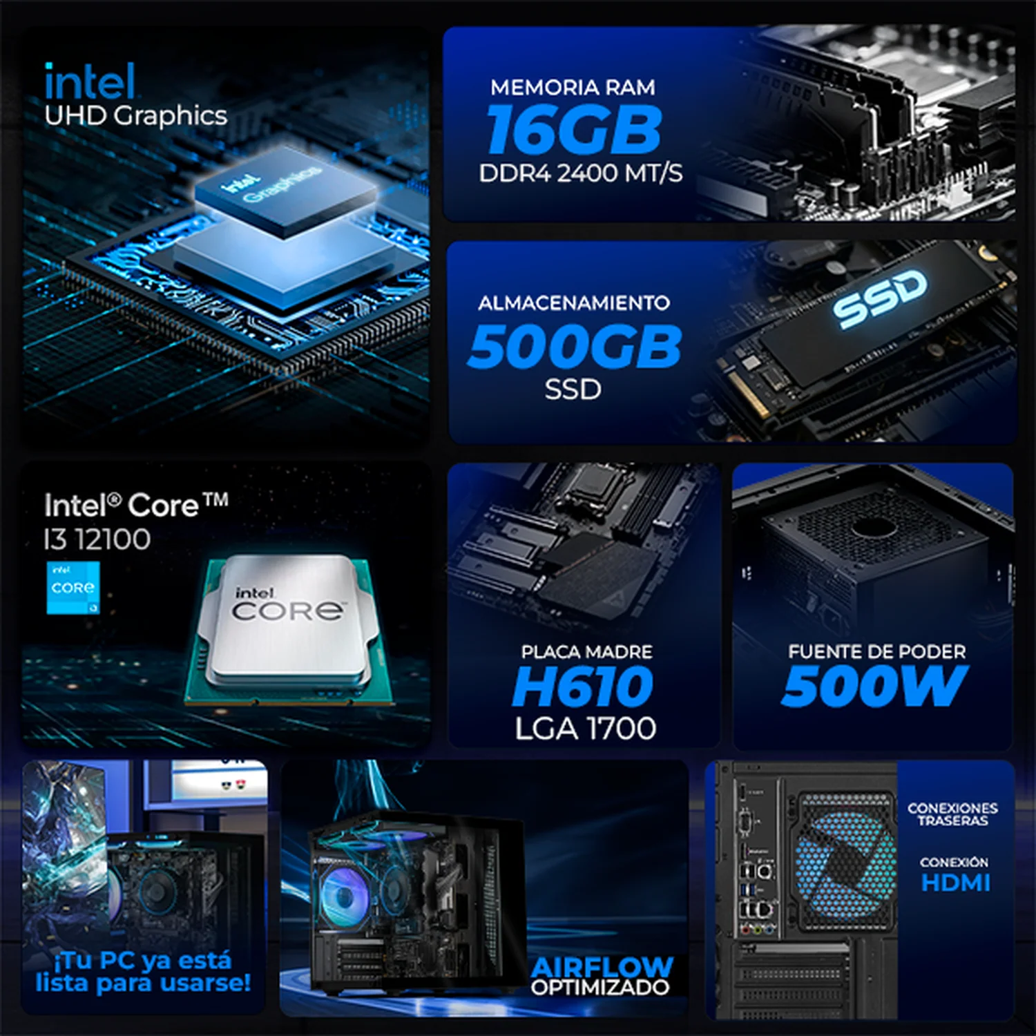 Computadora Escritorio Completa Xtreme PC Gaming Intel Core i3 12100 16GB SSD 500GB Monitor 24.5 100Hz WIFI Black rendimiento básico para juegos casuales, trabajo y estudio - Image 3