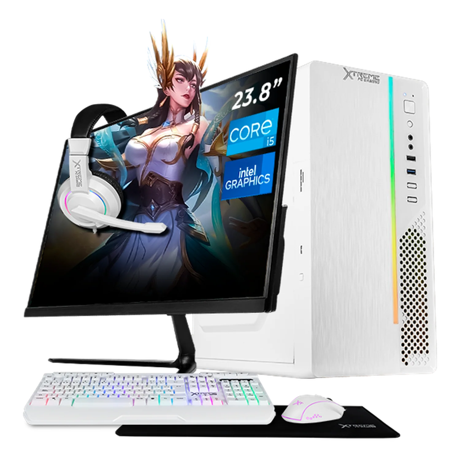 Computadora Escritorio Completa Xtreme PC Gaming Intel Core i5 14400 16GB SSD 1TB Monitor 23.8 75Hz WIFI White gaming ligero en calidad baja, oficina, estudio y hogar
