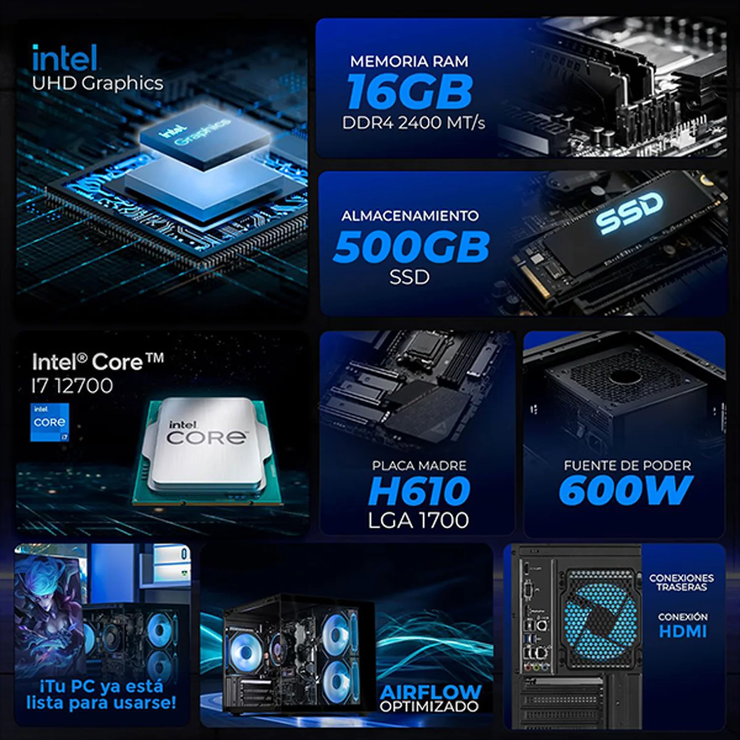 Computadora Escritorio Completa Xtreme PC Gaming Intel Core i7 12700 16GB SSD 500GB Monitor Curvo 27 100Hz WIFI Black rendimiento básico para juegos casuales, trabajo y estudio - Image 3