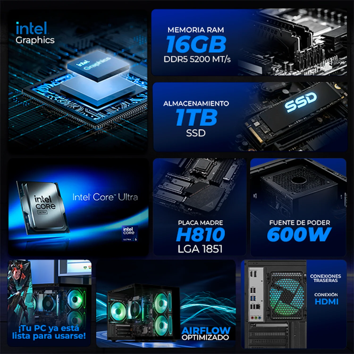 Xtreme PC IA Ready Intel Arc Intel Core Ultra 5 225 NPU 13 TOPS 16GB DDR5 SSD 1TB Monitor Curvo 27 100Hz WIFI Black Productividad inteligente para tu día a día - Image 3