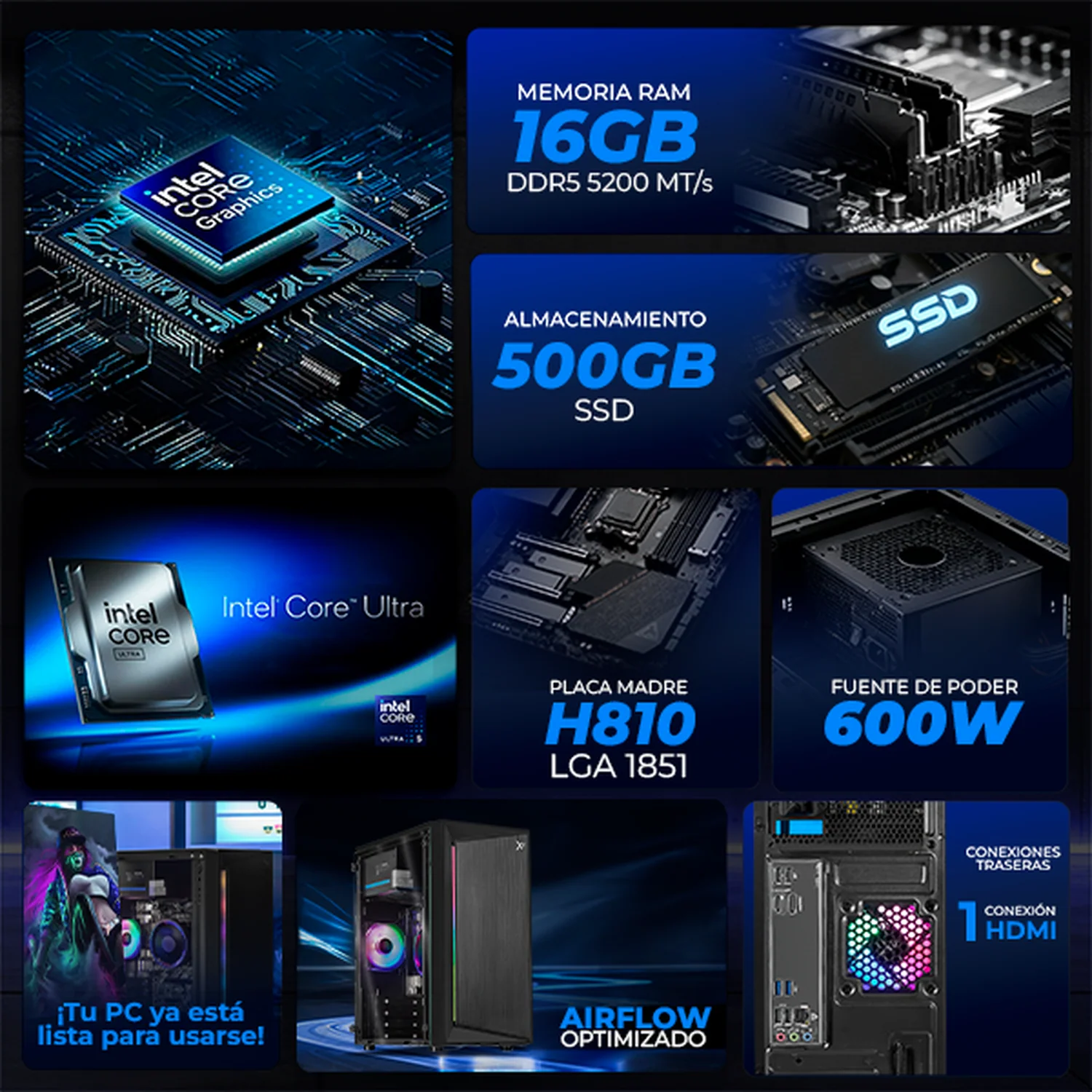 Xtreme PC IA Ready Intel Arc Intel Core Ultra 5 225 NPU 13 TOPS 16GB DDR5 SSD 500GB Monitor 23.8 WIFI Black Multitarea más inteligente - Image 3