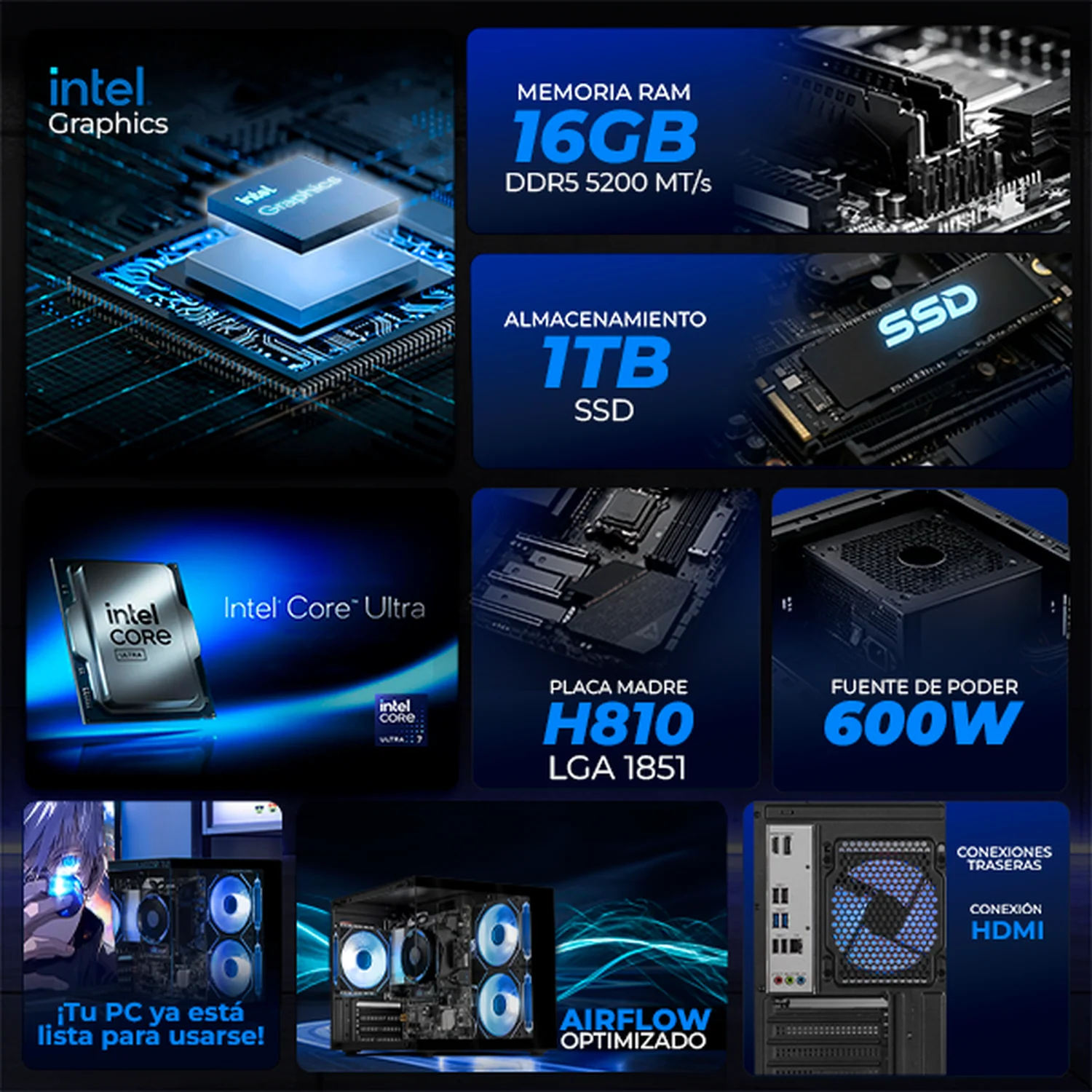 Xtreme PC IA Ready Intel Arc Intel Core Ultra 7 265 NPU 13 TOPS 16GB DDR5 SSD 1TB Monitor Curvo 27 100Hz WIFI Black Multitarea más inteligente - Image 3