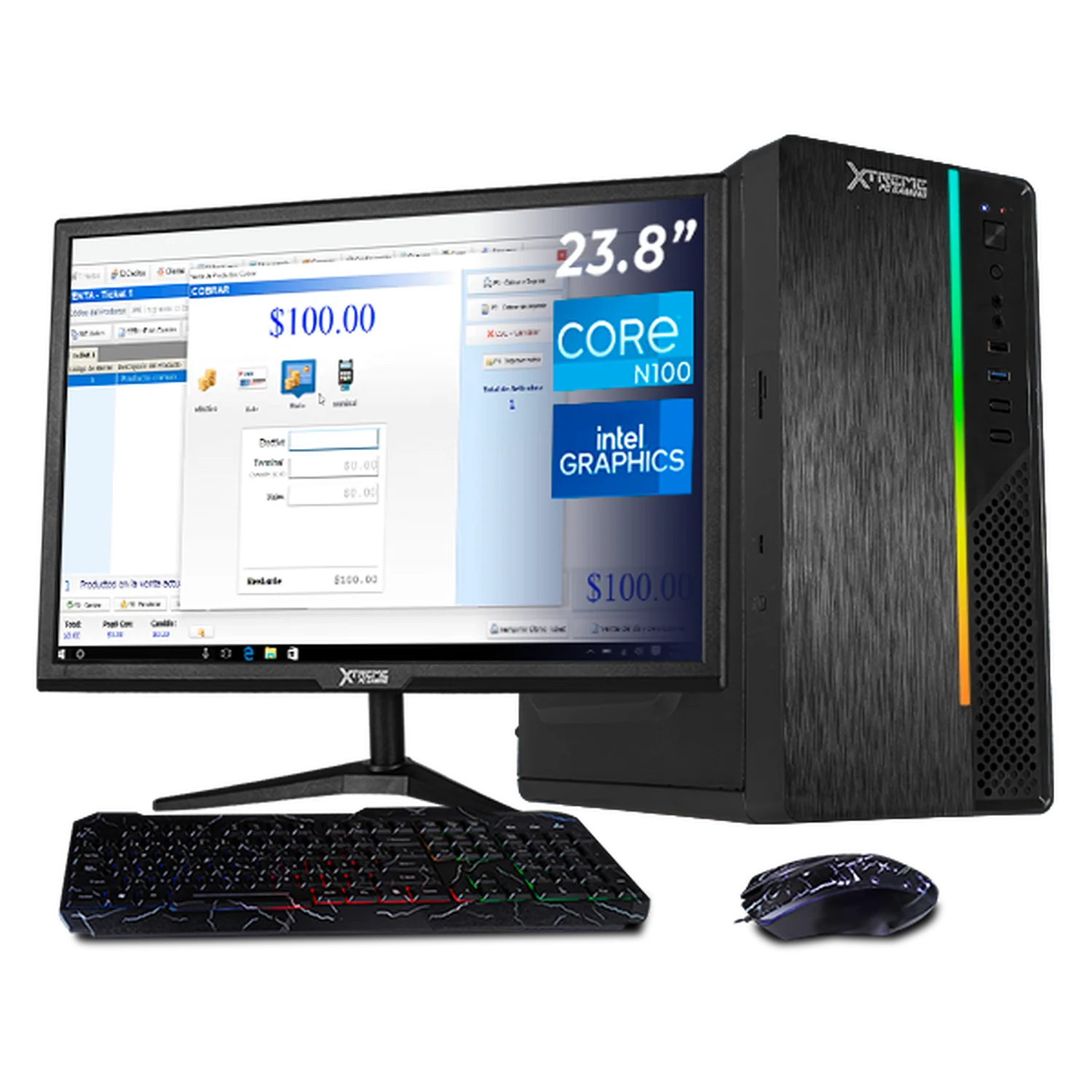 Computadora Escritorio Completa Xtreme PC Gaming Intel N100 16GB SSD 500GB Monitor 23.8 75Hz WIFI Black ideal para punto de venta, trabajo administrativo y uso diario