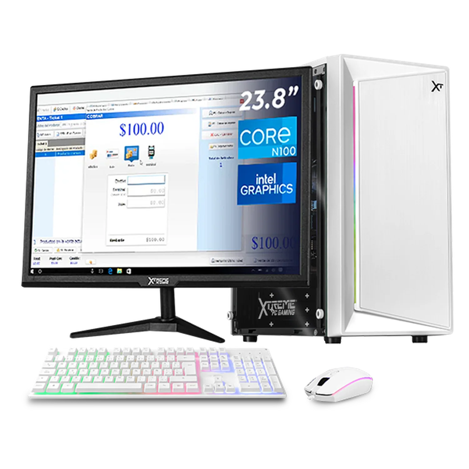Computadora Escritorio Completa Xtreme PC Gaming Intel N100 16GB SSD 500GB Monitor 23.8 75Hz WIFI White ideal para punto de venta, trabajo administrativo y uso diario