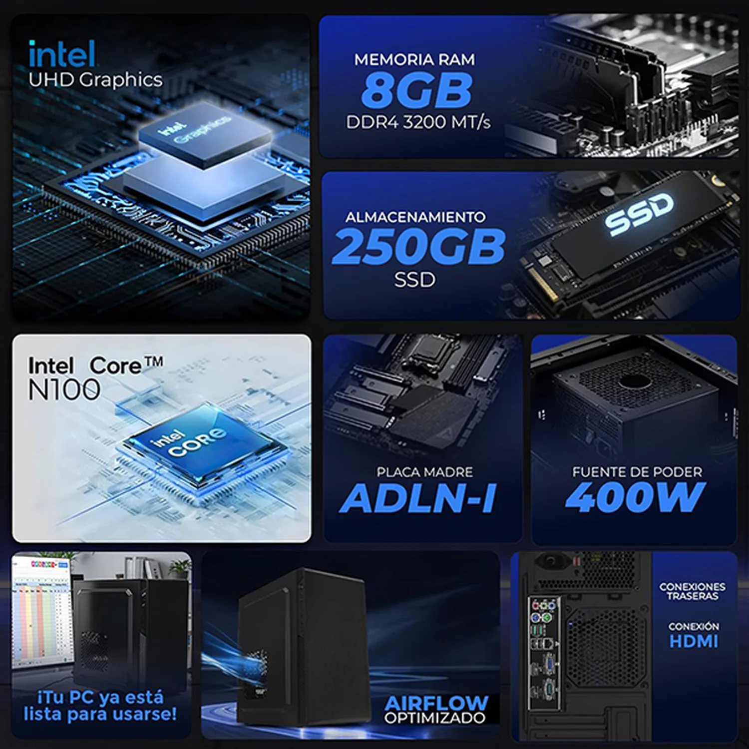 Computadora Escritorio Completa Xtreme PC Gaming Intel N100 8GB SSD 250GB Monitor 21.5 75Hz WIFI Black ideal para punto de venta, trabajo administrativo y uso diario - Image 3
