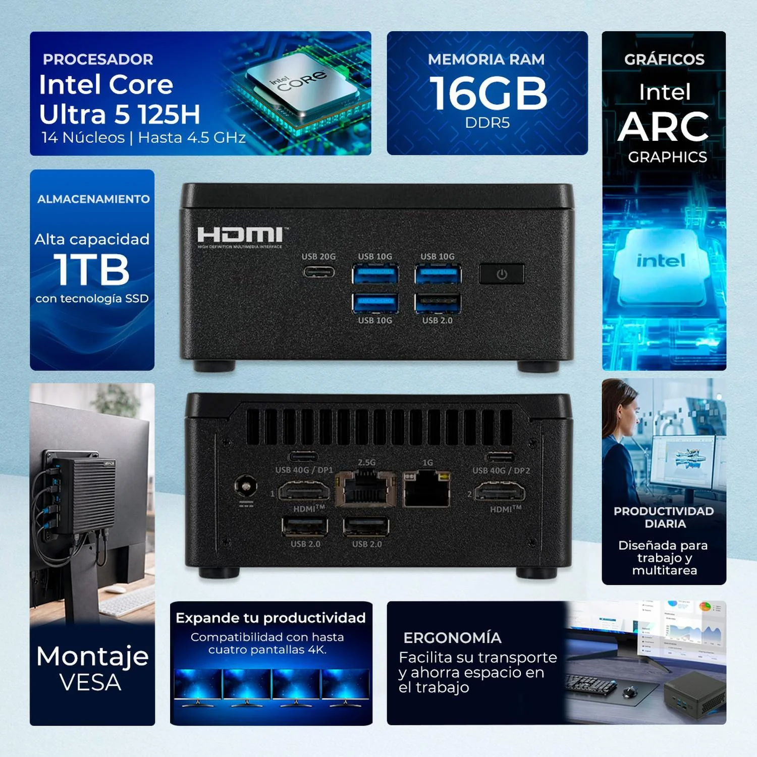 Computadora Escritorio ECS Mini PC Z7 PLUS AI Intel Core Ultra 5 125H NPU 33 TOPS 16GB DDR5 SSD 1TB W11H-T WiFi 6E BT 5.3 Gaming casual, trabajo y estudio - Image 2