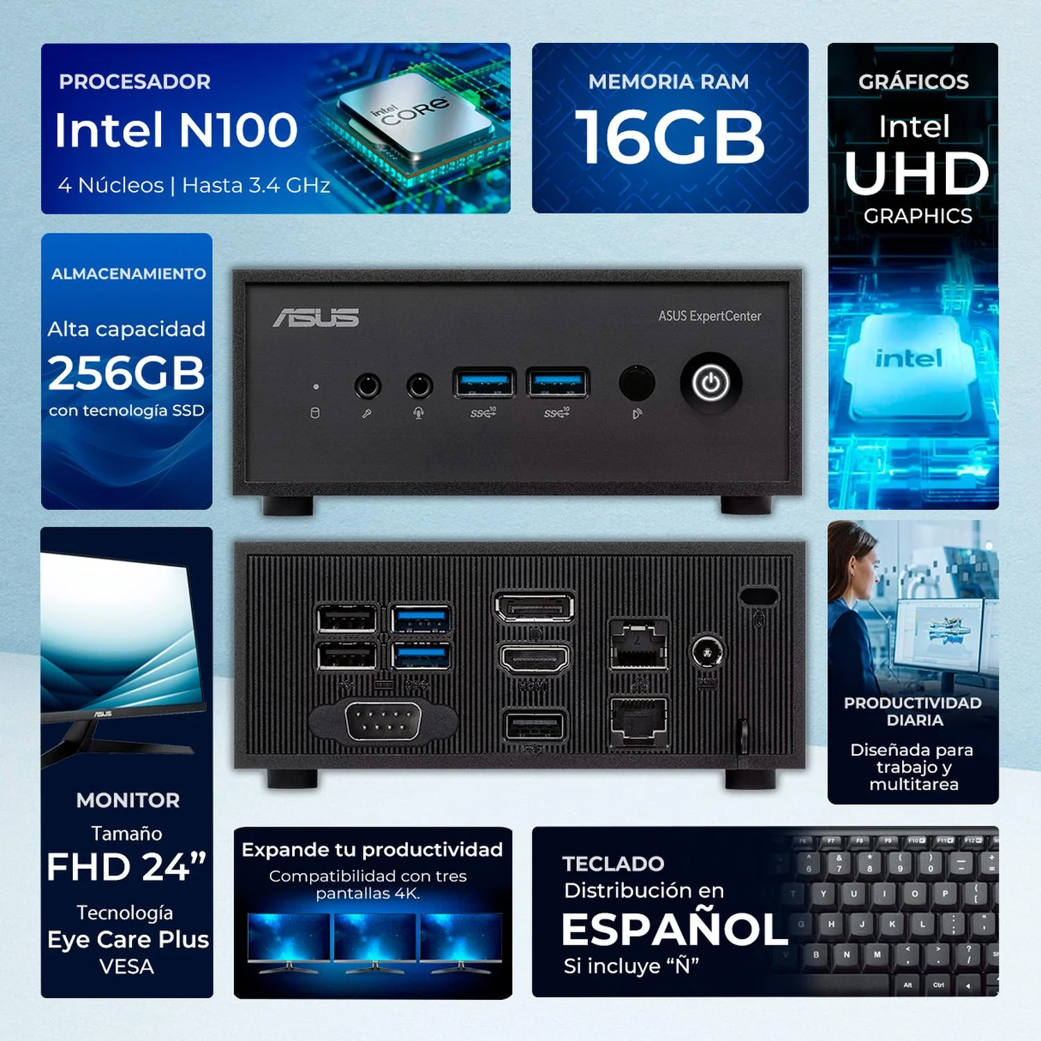 Computadora Escritorio Mini PC ASUS ExpertCenter PN42 Intel N100 16GB DDR4 SSD 256GB Monitor 24 Teclado Mouse Inalambrico W11H-T WiFi 6E BT 5.4 Punto de Venta, Estudio y multitarea - Image 2