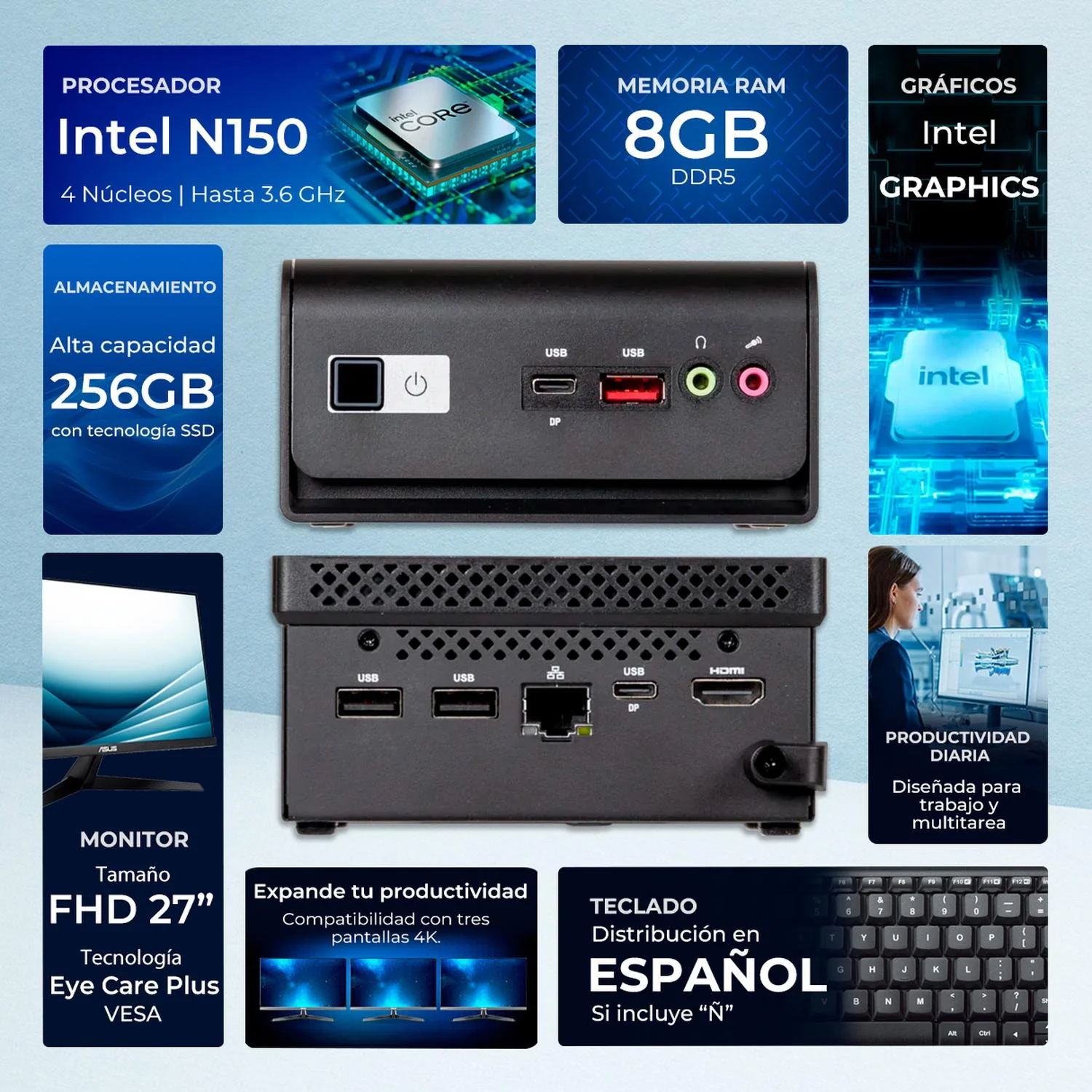 Computadora Escritorio Mini PC ASUS Intel N150 8GB DDR5 SSD 256GB Monitor 27 1ms 120Hz Teclado Mouse W11H-T WiFi BT 5.0 CN14EE-M27TMI1508256 Estudio, oficina y multitarea - Image 2