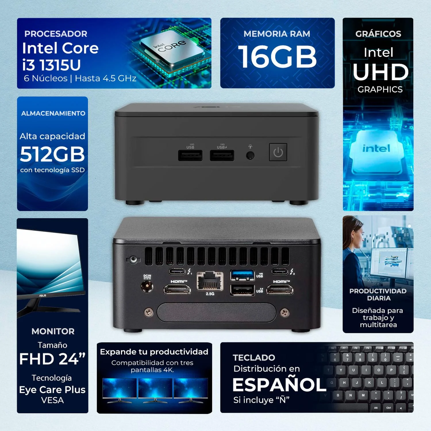 Computadora Escritorio Mini PC ASUS NUC 13 PRO Intel Core i3 1315U 16GB DDR4 SSD 512GB Monitor 24 1ms 120Hz Teclado Mouse Inalambrico W11H-T WiFi 6E BT 5.3 Oficina, estudio y hogar - Image 2
