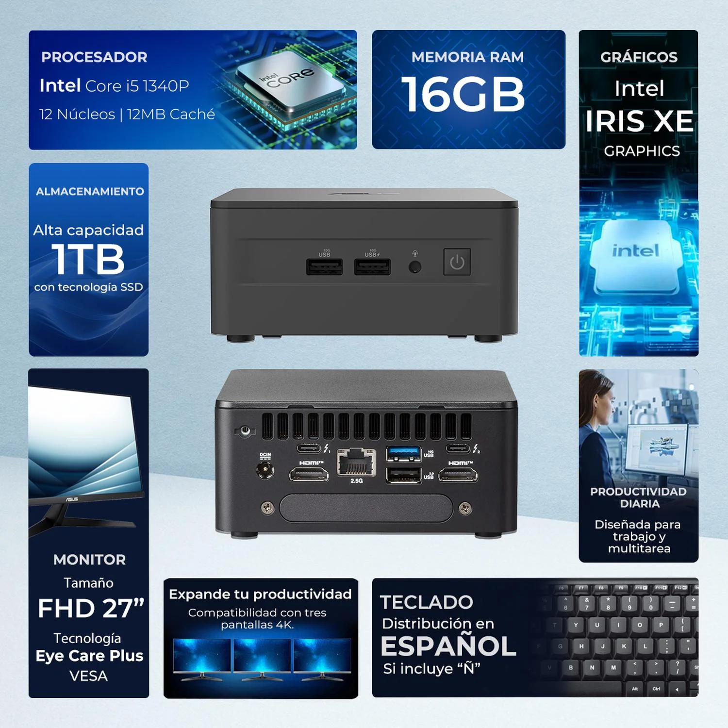 Computadora Escritorio Mini PC ASUS NUC 13 PRO Intel Core i5 1340P 16GB DDR4 SSD 1TB Monitor 27 1ms 120Hz Teclado Mouse Inalambrico W11H-T WiFi 6E BT 5.3 CN13P-MTMCI516GB1 - Image 2