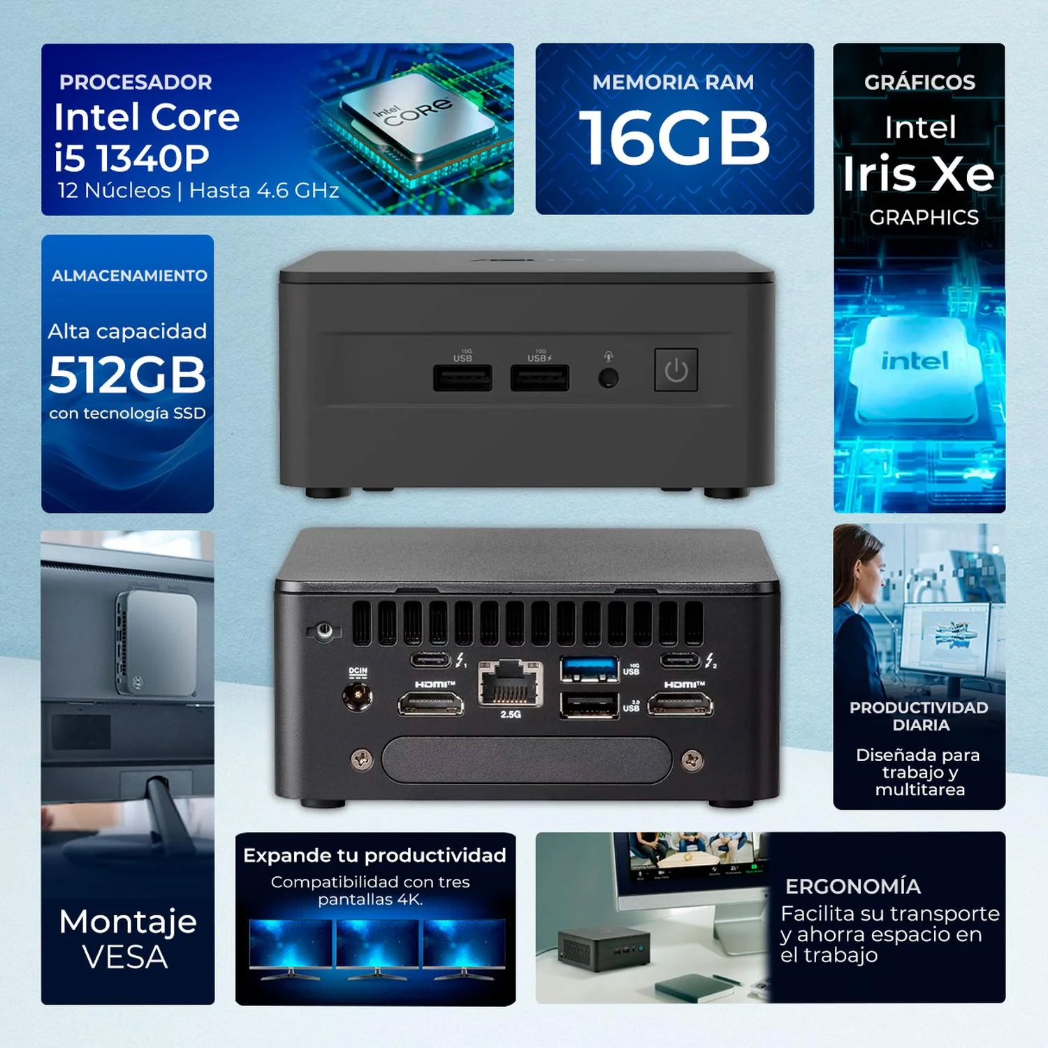 Computadora Escritorio Mini PC ASUS NUC 13 PRO Intel Core i5 1340P 16GB DDR4 SSD 512GB W11H-T WiFi 6E BT 5.3 CNUC13P-Ci516512GB Estudio y multitarea - Image 2
