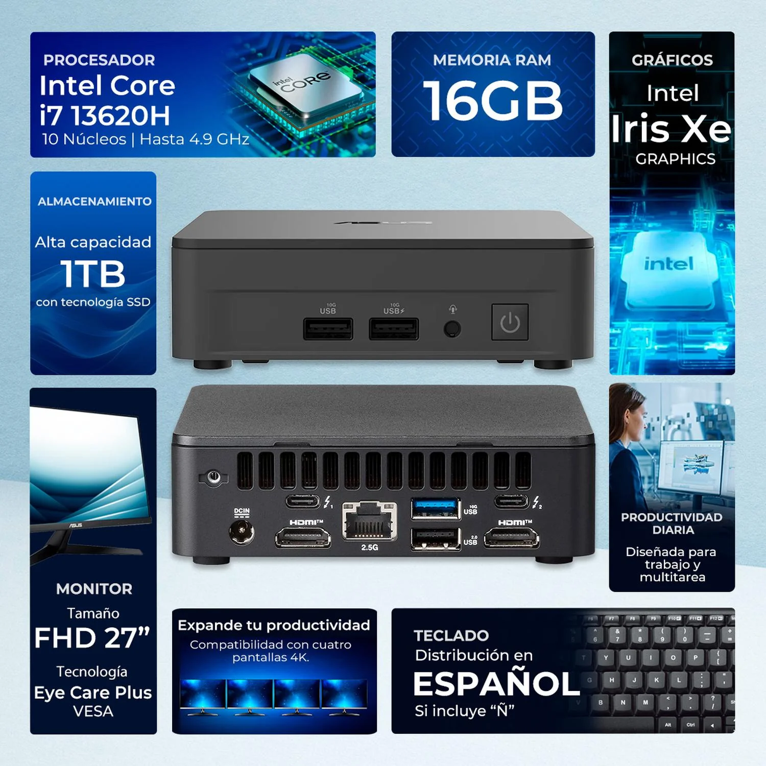 Computadora Escritorio Mini PC ASUS NUC 13 PRO Intel Core i7 13620H 16GB DDR4 SSD 1TB Monitor 27 1ms 120Hz Teclado Mouse W11H-T WiFi 6E BT 5.3 CNUC13P-Ci7161TBM27TM Gaming, oficina, estudio y hogar. - Image 2