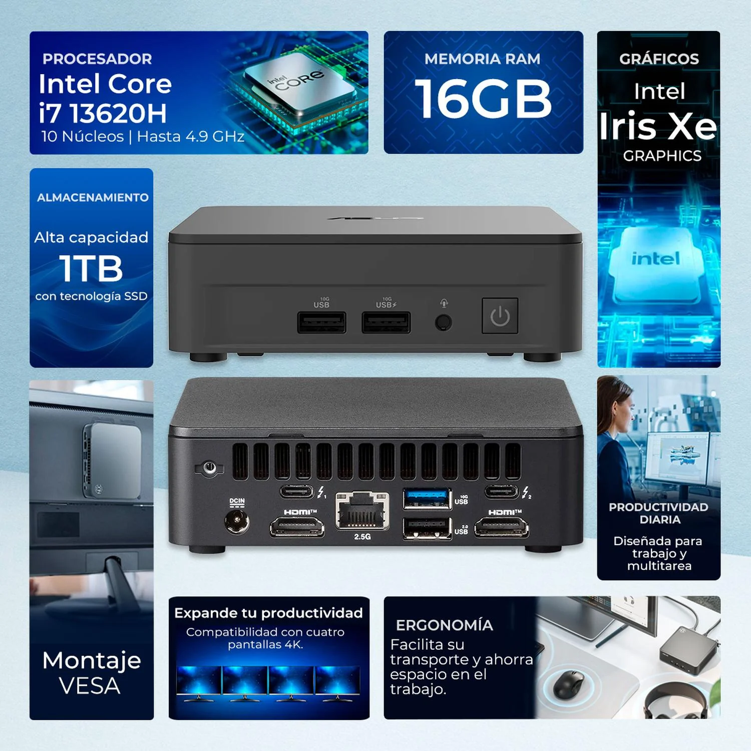Computadora Escritorio Mini PC ASUS NUC 13 PRO Intel Core i7 13620H 16GB DDR4 SSD 1TB W11H-T WiFi 6E Bluetooth 5.3 CNUC13P-Ci7161TB Gaming, oficina, estudio y hogar. - Image 2