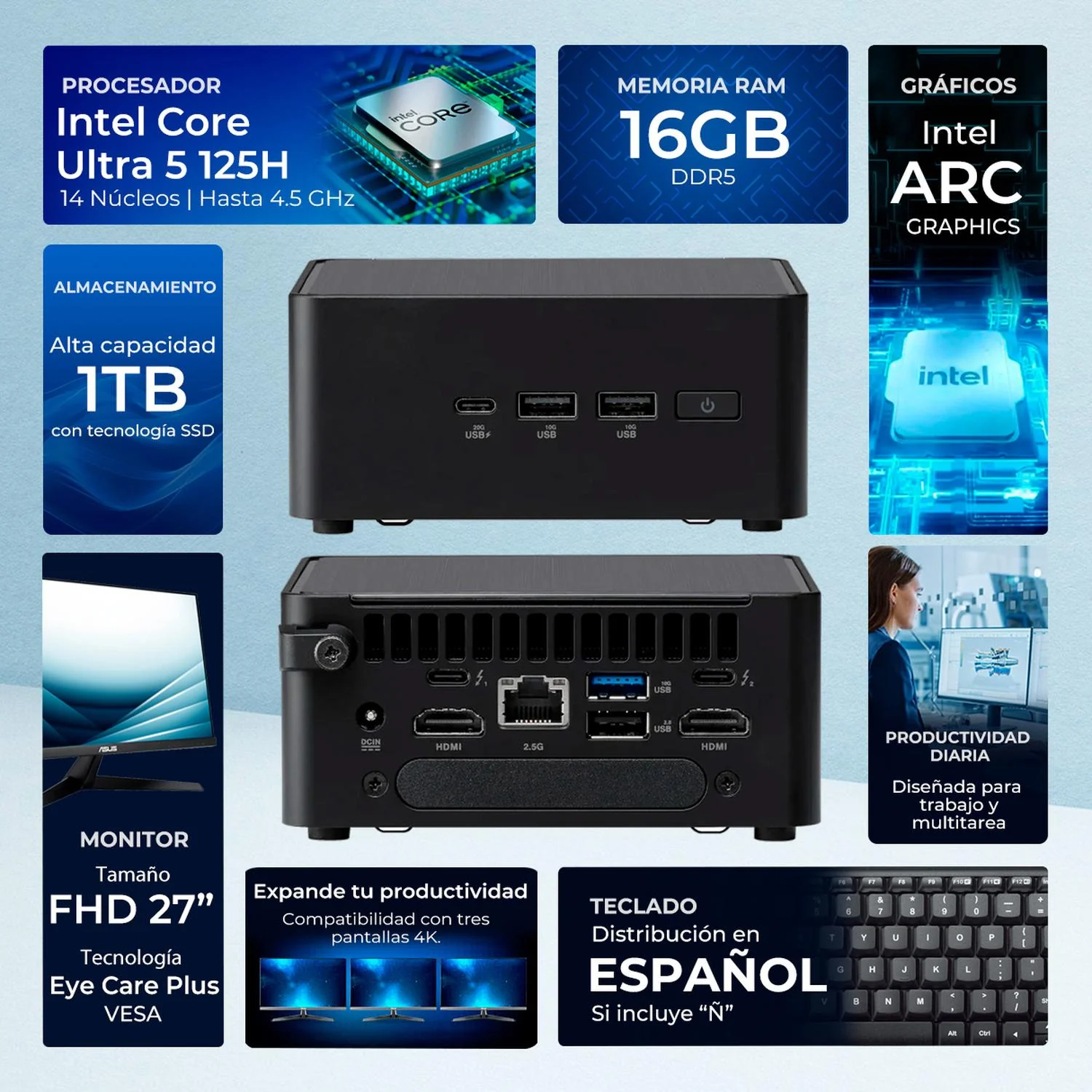 Computadora Escritorio Mini PC ASUS NUC 14 PRO AI Intel Core Ultra 5 125H NPU 33 TOPS 16GB DDR5 SSD 1TB Monitor 27 1ms 120Hz Teclado Mouse Inalambrico W11H-T WiFi BT Gaming casual, trabajo y estudio - Image 2