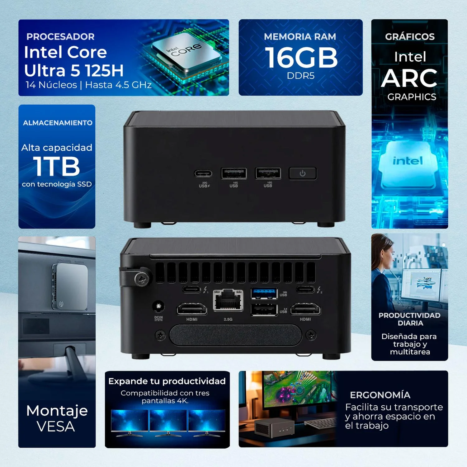 Computadora Escritorio Mini PC ASUS NUC 14 PRO AI Intel Core Ultra 5 125H NPU 33 TOPS 16GB DDR5 SSD 1TB W11H-T WiFi 6E BT 5.3 Gaming casual, trabajo y estudio - Image 2