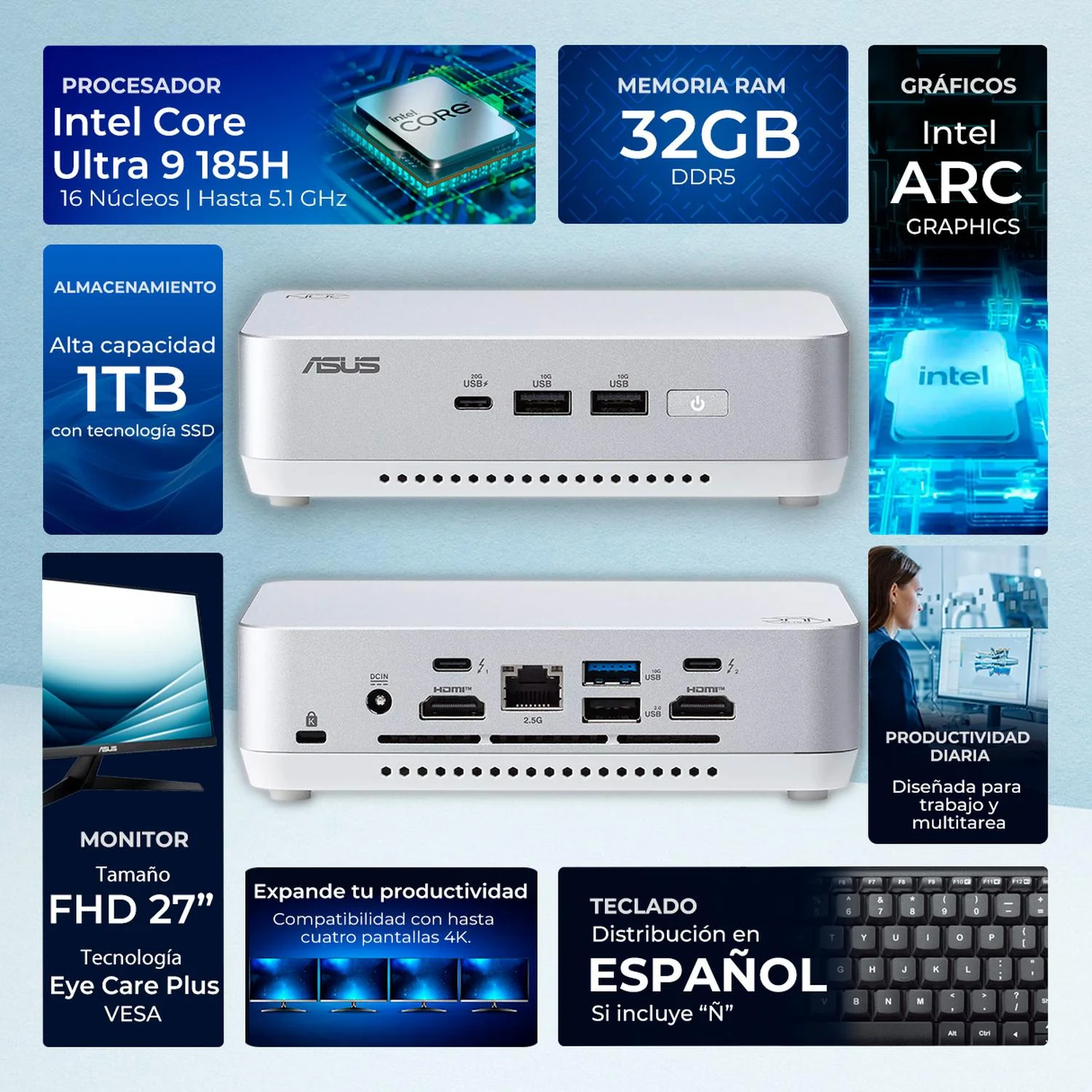 Computadora Escritorio Mini PC ASUS NUC 14 PRO+ AI Intel Core ULTRA 9 185H 35 TOPS 32GB DDR5 SSD 1TB Monitor 27 120Hz Teclado Mouse Inalambrico Thunderbolt 4 WiFi Alto Desempeño y Edicion profesional - Image 2