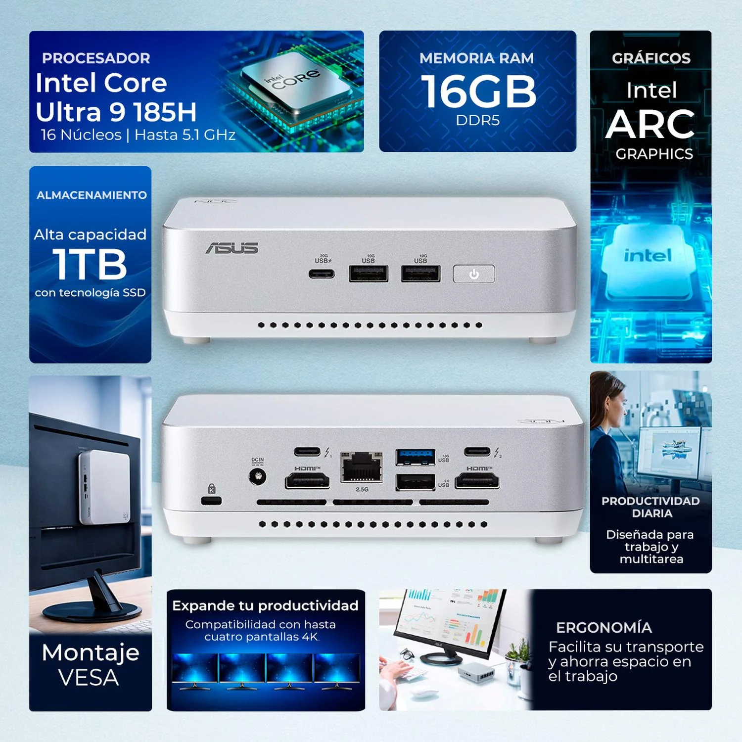 Computadora Escritorio Mini PC ASUS NUC 14 PRO+ AI Intel Core ULTRA 9 185H NPU 35 TOPS 16GB DDR5 SSD 1TB Thunderbolt 4 WiFi 6E BT 5.3 Plata Alto Desempeño y Edición profesional - Image 2