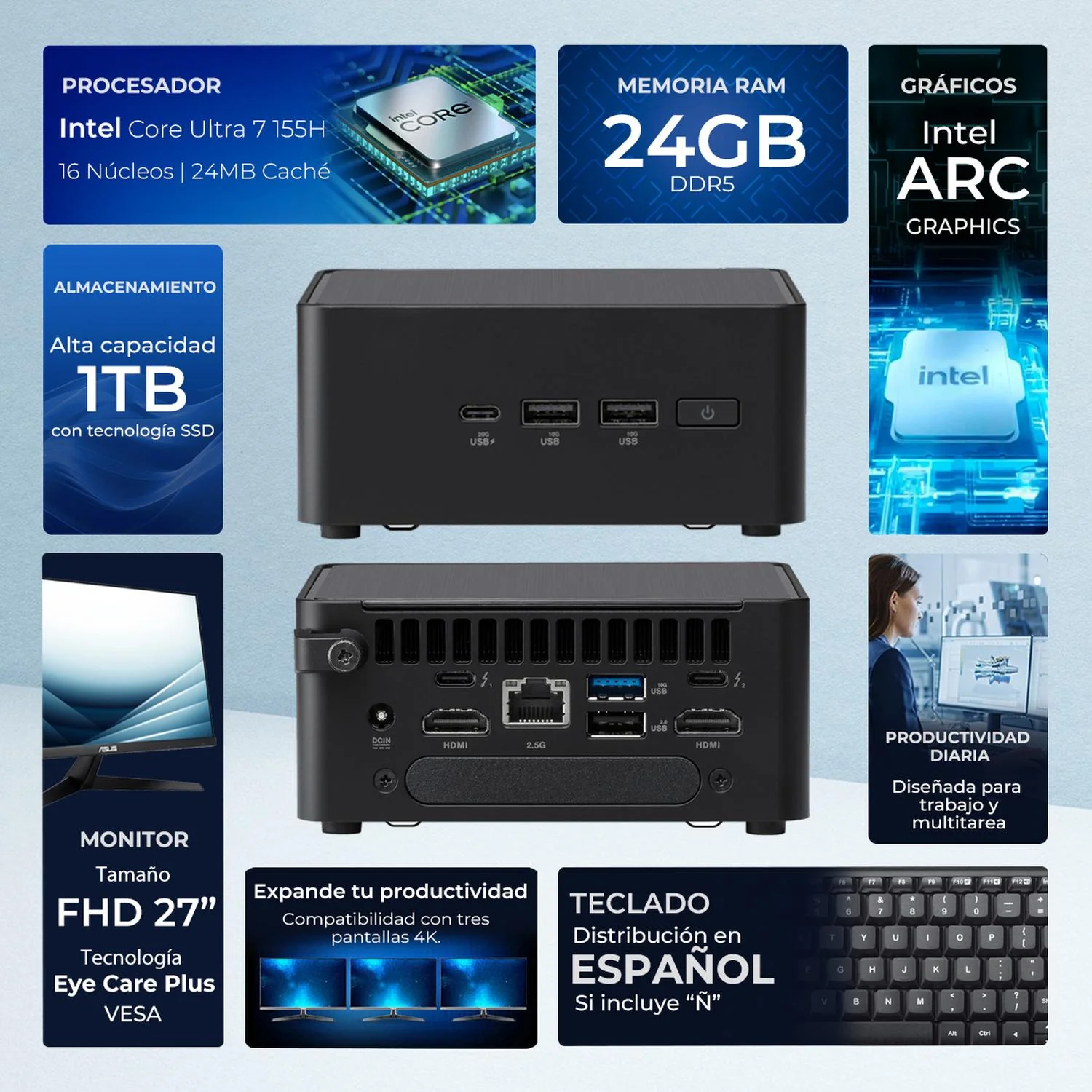 Computadora Escritorio Mini PC ASUS NUC 14 PRO Intel Ultra 7 155H 24GB DDR5 SSD 1TB Monitor 27 120Hz WiFi - Image 2